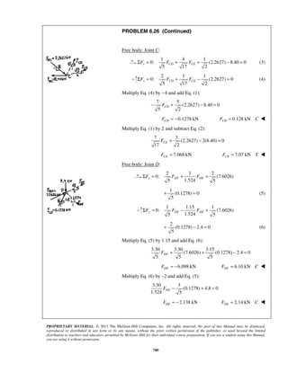 PROBLEM 6.26 (Continued) 
Free body: Joint C: 
5 17 2 ΣFx = FCD + FCE + − = (3) 
5 17 2 ΣFy = FCD + FCE − = (4) 
5 2 − FCD + − = 
+ − = FCE 
5 1.524 5 ΣFx = FDF + FDE + 
5 1.524 5 ΣFy = FDF − FDE + 
5 5 5 FDF + + − = 
1.524 5 FDE − + = 
PROPRIETARY MATERIAL. © 2013 The McGraw-Hill Companies, Inc. All rights reserved. No part of this Manual may be displayed, 
reproduced or distributed in any form or by any means, without the prior written permission of the publisher, or used beyond the limited 
distribution to teachers and educators permitted by McGraw-Hill for their individual course preparation. If you are a student using this Manual, 
you are using it without permission. 
789 
1 4 1 
0: (2.2627) 8.40 0 
2 1 1 
0: (2.2627) 0 
Multiply Eq. (4) by −4 and add Eq. (1): 
7 5 
(2.2627) 8.40 0 
0.1278 kN CD F = − 0.128 kN CDF = C  
Multiply Eq. (1) by 2 and subtract Eq. (2): 
7 3 
(2.2627) 2(8.40) 0 
17 2 
7.068 kN CE F = 7.07 kN CE F = T  
Free body: Joint D: 
2 1 2 
0: (7.6026) 
1 
(0.1278) 0 
5 
+ = (5) 
1 1.15 1 
0: (7.6026) 
2 
(0.1278) 2.4 0 
5 
+ − = (6) 
Multiply Eq. (5) by 1.15 and add Eq. (6): 
3.30 3.30 3.15 
(7.6026) (0.1278) 2.4 0 
6.098 kN DF F = − 6.10 kN DF F = C  
Multiply Eq. (6) by –2 and add Eq. (5): 
3.30 3 
(0.1278) 4.8 0 
2.138 kN DE F = − 2.14 kN DE F = C  
 