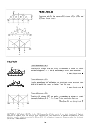 PROBLEM 6.29 
Determine whether the trusses of Problems 6.31a, 6.32a, and 
6.33a are simple trusses. 
PROPRIETARY MATERIAL. © 2013 The McGraw-Hill Companies, Inc. All rights reserved. No part of this Manual may be displayed, 
reproduced or distributed in any form or by any means, without the prior written permission of the publisher, or used beyond the limited 
distribution to teachers and educators permitted by McGraw-Hill for their individual course preparation. If you are a student using this Manual, 
you are using it without permission. 
796 
SOLUTION 
Truss of Problem 6.31a: 
Starting with triangle HDI and adding two members at a time, we obtain 
successively joints A, E, J, and B, but cannot go further. Thus, this truss 
is not a simple truss.  
Truss of Problem 6.32a: 
Starting with triangle ABC and adding two members at a time, we obtain joints 
D, E, G, F, and H, but cannot go further. Thus, this truss 
is not a simple truss.  
Truss of Problem 6.33a: 
Starting with triangle ABD and adding two members at a time, we obtain 
successively joints H, G, F, E, I, C, and J, thus completing the truss. 
Therefore, this is a simple truss.  
 