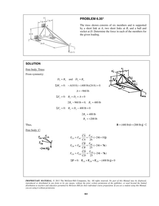 PROBLEM 6.35* 
The truss shown consists of six members and is supported 
by a short link at A, two short links at B, and a ball and 
socket at D. Determine the force in each of the members for 
the given loading. 
= = AC 
− + 
= = − + 
= = − − 
PROPRIETARY MATERIAL. © 2013 The McGraw-Hill Companies, Inc. All rights reserved. No part of this Manual may be displayed, 
reproduced or distributed in any form or by any means, without the prior written permission of the publisher, or used beyond the limited 
distribution to teachers and educators permitted by McGraw-Hill for their individual course preparation. If you are a student using this Manual, 
you are using it without permission. 
803 
SOLUTION 
Free body: Truss: 
From symmetry: 
= and = Dx Bx Dy By 
0: (10 ft) (400 lb)(24 ft) 0 z ΣM = −A − = 
A = −960 lb 
0: 0 x x x ΣF = B + D + A = 
2 960 lb 0, 480 lb x x B − = B = 
0: 400 lb 0 ΣFy = By + Dy − = 
2 400 lb 
200 lb 
y 
y 
B 
B 
= 
= + 
Thus, B = (480 lb)i + (200 lb)j  
Free body: C: 
( 24 10 ) 
26 
( 24 7 ) 
25 
( 24 7 ) 
25 
CA AC 
BC 
CB BC 
CD 
CD CD 
CA F 
F F 
CA 
CB F 
F F 
CB 
CD F 
F F 
CD 
i j 
i k 
i k 
 
 
 
0: (400 lb) 0 CA CB CD ΣF = F + F + F − j = 
 