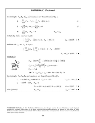 PROBLEM 6.37* (Continued) 
Substituting for , , , AB F FAC FAD and equating to zero the coefficients of i, j, k, 
5.30 5.20 AB AD AC − F + F + F + = (1) 
5.30 5.20 AB AD AC − F + F − F = (2) 
5.30 AB AD F − F = AD AB F = F 
5.20 AC AC F F −  − = = −   
  
5.30 5.20 AB AB F F −  −   − = = +     
    
 
= = + − 
F i j k 
=  −  = −   
PROPRIETARY MATERIAL. © 2013 The McGraw-Hill Companies, Inc. All rights reserved. No part of this Manual may be displayed, 
reproduced or distributed in any form or by any means, without the prior written permission of the publisher, or used beyond the limited 
distribution to teachers and educators permitted by McGraw-Hill for their individual course preparation. If you are a student using this Manual, 
you are using it without permission. 
808 
i: 
0.8 2 
( ) 2968 N 0 
j: 
4.8 4.8 
( ) 0 
k: 
2.1 
( ) 0 
Multiply Eq. (1) by –6 and add Eq. (2): 
16.8 
6(2968 N) 0, 5512 N 
5510 N AC F = C  
Substitute for AC F and AD F in Eq. (2): 
4.8 4.8 
2 ( 5512 N) 0, 2809 N 
2810 N AB AD F = F = T  
Free body: B: 
(2809 N) (424 N) (2544 N) (1113 N) 
2.8 2.1 
(0.8 0.6 ) 
3.5 
AB 
BC BC BC 
BD BD 
BA 
BA 
F F 
F 
  
= − 
i k 
F i k 
F k 
0: (1484 N) (2544 N) 0 AB BC BD ΣF = F + F + F − i − j = 
Substituting for , , AB BC BD F F F and equating to zero the coefficients of i and k, 
i: 24 N 0.8 1484 N 0, 1325 N BC BC + + F − = F = + 1325 N BC F = T  
k: 1113 N 0.6 0 BC BD − − F − F = 
1113 N 0.6(1325 N) 1908 N, BD F = − − = − 1908 N BD F = C  
From symmetry: CD BC F = F 1325 N CD F = T  
 