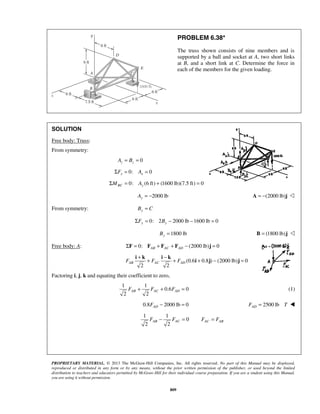 + + − + + − = i k i k 
i j j FAB FAC FAD 
2 2 FAB + FAC + FAD = (1) 
2 2 FAB − FAC = AC AB F = F 
PROPRIETARY MATERIAL. © 2013 The McGraw-Hill Companies, Inc. All rights reserved. No part of this Manual may be displayed, 
reproduced or distributed in any form or by any means, without the prior written permission of the publisher, or used beyond the limited 
distribution to teachers and educators permitted by McGraw-Hill for their individual course preparation. If you are a student using this Manual, 
you are using it without permission. 
809 
PROBLEM 6.38* 
The truss shown consists of nine members and is 
supported by a ball and socket at A, two short links 
at B, and a short link at C. Determine the force in 
each of the members for the given loading. 
SOLUTION 
Free body: Truss: 
From symmetry: 
Az = Bz = 0 
0: 0 x x ΣF = A = 
0: (6 ft) (1600 lb)(7.5 ft) 0 ΣMBC = Ay + = 
2000 lb Ay = − A = −(2000 lb)j  
From symmetry: By = C 
0: 2 2000 lb 1600 lb 0 ΣFy = By − − = 
1800 lb By = B = (1800 lb)j  
Free body: A: 0: (2000 lb) 0 AB AC AD ΣF = F + F + F − j = 
(0.6 0.8 ) (2000 lb) 0 
2 2 
Factoring i, j, k and equating their coefficient to zero, 
1 1 
0.6 0 
0.8 2000 lb 0 AD F − = 2500 lb AD F = T  
1 1 
0 
 