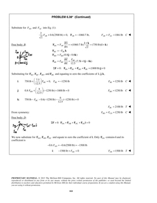 PROBLEM 6.38* (Continued) 
2 FAB + = FAB = − 1061 lb AB AC F = F = C  
 
= = + + = + 
= − 
= − 
 
= = + − 
12.5 BE BE F F +   = = −   
  
12.5 BD F +   − + =   
12.5 BC − F − − − − = 
PROPRIETARY MATERIAL. © 2013 The McGraw-Hill Companies, Inc. All rights reserved. No part of this Manual may be displayed, 
reproduced or distributed in any form or by any means, without the prior written permission of the publisher, or used beyond the limited 
distribution to teachers and educators permitted by McGraw-Hill for their individual course preparation. If you are a student using this Manual, 
you are using it without permission. 
810 
Substitute for AD F and AC F into Eq. (1): 
2 
0.6(2500 lb) 0, 1060.7 lb, 
Free body: B: (1060.7 lb) (750 lb)( ) 
2 
(0.8 0.6 ) 
(7.5 8 6 ) 
12.5 
BA AB 
BC BC 
BD BD 
BE 
BE BE 
BA 
F 
BA 
F 
F 
BE F 
F 
BE 
i k 
F ik 
F k 
F j k 
F i j k 
0: (1800 lb) 0 BA BC BD BE ΣF = F + F + F + F + j = 
Substituting for , , ,and BA BC BD BE F F F F and equating to zero the coefficients of i, j, k, 
i: 
7.5 
750 lb 0, 1250 lb 
1250 lb BE F = C  
j: 
8 
0.8 ( 1250 lb) 1800 lb 0 
  
1250 lb BD F = C  
k: 
6 
750 lb 0.6( 1250 lb) ( 1250 lb) 0 
2100 lb BC F = T  
From symmetry: 1250 lb BD CD F = F = C  
Free body: D: 
0: 0 DA DB DC DE ΣF = F + F + F + F i = 
We now substitute for , , DA DB DC F F F and equate to zero the coefficient of i. Only DA F contains i and its 
coefficient is 
0.6 0.6(2500 lb) 1500 lb AD − F = − = − 
i: 1500 lb 0 DE − + F = 1500 lb DE F = T  
 