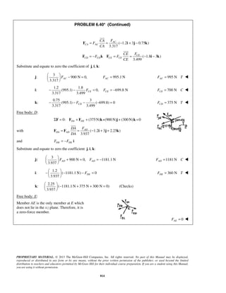 PROBLEM 6.40* (Continued) 
 
F = = AC 
− i + j − k 
 ( 1.2 3 0.75 ) 
 
F = − k F = = CE 
− i − k 
3.317 AC F   − =   
  
3.317 3.499 CE CE − − F = F = − 700 N CE F = C  
3.317 3.499 CD − − F − − = 375 N CD F = T  
AD 
 
3.937 AD AD F F   + = = −   
  
3.937 DE F −  − − =   
  
  − + + =   
  
PROPRIETARY MATERIAL. © 2013 The McGraw-Hill Companies, Inc. All rights reserved. No part of this Manual may be displayed, 
reproduced or distributed in any form or by any means, without the prior written permission of the publisher, or used beyond the limited 
distribution to teachers and educators permitted by McGraw-Hill for their individual course preparation. If you are a student using this Manual, 
you are using it without permission. 
814 
3.317 
CA AC 
CA F 
F 
CA 
 
( 1.8 3 ) 
3.499 
CD CD CE CE 
CE F 
F F 
CE 
Substitute and equate to zero the coefficient of j, i, k: 
j: 
3 
900 N 0, 
995.1N AC F = 995 N AC F = T  
i: 
1.2 1.8 
(995.1) 0, 699.8 N 
k: 
0.75 3 
(995.1) ( 699.8) 0 
Free body: D: 
0: (375N) +(900N) (300N) 0 DA DE ΣF = F + F + k j + k = 
with ( 1.2 3 2.25 ) 
3.937 
DA AD 
DA F 
DA 
F = F = − i + j + k 
and DE DE F = −F i 
Substitute and equate to zero the coefficient j, i, k: 
j: 
3 
900 N 0, 1181.1N 
1181N AD F = C  
i: 
1.2 
( 1181.1N) 0 
360 N DE F = T  
k: 
2.25 
( 1181.1N 375 N 300 N 0) 
3.937 
(Checks) 
Free body: E: 
Member AE is the only member at E which 
does not lie in the xz plane. Therefore, it is 
a zero-force member. 
0 AE F =  
 