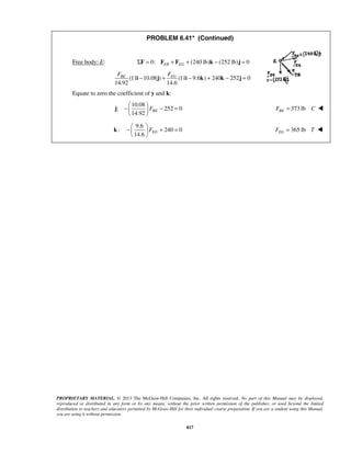 PROBLEM 6.41* (Continued) 
Free body: E: 0: ΣF = FEB + FEG + (240 lb)k − (252 lb)j = 0 
BE EG F F i − j + i − k + k − j = 
(11 10.08 ) (11 9.6 ) 240 252 0 
−   − =   
  
j 373 lb BE F = C  
−   + =   
  
PROPRIETARY MATERIAL. © 2013 The McGraw-Hill Companies, Inc. All rights reserved. No part of this Manual may be displayed, 
reproduced or distributed in any form or by any means, without the prior written permission of the publisher, or used beyond the limited 
distribution to teachers and educators permitted by McGraw-Hill for their individual course preparation. If you are a student using this Manual, 
you are using it without permission. 
817 
14.92 14.6 
Equate to zero the coefficient of y and k: 
10.08 
: 252 0 
14.92 FBE 
k: 
9.6 
240 0 
14.6 FEG 
365 lb EG F = T  
 