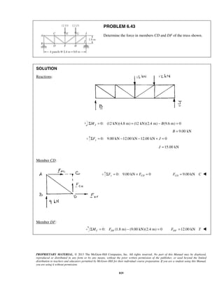 PROBLEM 6.43 
Determine the force in members CD and DF of the truss shown. 
PROPRIETARY MATERIAL. © 2013 The McGraw-Hill Companies, Inc. All rights reserved. No part of this Manual may be displayed, 
reproduced or distributed in any form or by any means, without the prior written permission of the publisher, or used beyond the limited 
distribution to teachers and educators permitted by McGraw-Hill for their individual course preparation. If you are a student using this Manual, 
you are using it without permission. 
819 
SOLUTION 
Reactions: 
0: (12 kN)(4.8 m) ΣMJ = + (12 kN)(2.4 m) − B(9.6 m) = 0 
B = 9.00 kN 
0: 9.00 kN 12.00 kN 12.00 kN 0 ΣFy = − − + J = 
J = 15.00 kN 
Member CD: 
0: 9.00 kN 0 ΣFy = + FCD = 9.00 kN CD F = C  
Member DF: 
0: (1.8 m) (9.00 kN)(2.4 m) 0 C DF ΣM = F − = 12.00 kN DF F = T  
 