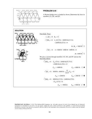PROBLEM 6.45 
A Warren bridge truss is loaded as shown. Determine the force in 
members CE, DE, and DF. 
ΣMA = ky − 
− = 
D CE ΣM = F − 
+ = 
16.25 y DE ΣF = − − F = 
Σ = − 
− = 
PROPRIETARY MATERIAL. © 2013 The McGraw-Hill Companies, Inc. All rights reserved. No part of this Manual may be displayed, 
reproduced or distributed in any form or by any means, without the prior written permission of the publisher, or used beyond the limited 
distribution to teachers and educators permitted by McGraw-Hill for their individual course preparation. If you are a student using this Manual, 
you are using it without permission. 
821 
SOLUTION 
Free body: Truss: 
ΣFx = 0: kx = 0 
0: (62.5 ft) (6000 lb)(12.5 ft) 
(6000 lb)(25 ft) 0 
3600 lb y k = k =  
0: 3600 lb 6000 lb 6000 lb 0 ΣFy = A + − − = 
A = 8400 lb  
We pass a section through members CE, DE, and DF and use the 
free body shown. 
0: (15 ft) (8400 lb)(18.75 ft) 
(6000 lb)(6.25 ft) 0 
8000 lb CE F = + 8000 lb CE F = T  
15 
0: 8400 lb 6000 lb 0 
2600 lb DE F = + 2600 lb DE F = T  
0: 6000 lb(12.5 ft) (8400 lb)(25 ft) 
(15 ft) 0 
E 
DF 
M 
F 
9000 lb DF F = − 9000 lb DF F = C  
 