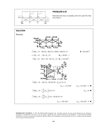 PROBLEM 6.49 
Determine the force in members AD, CD, and CE of the 
truss shown. 
Σ =   =   
Σ =   − =   
PROPRIETARY MATERIAL. © 2013 The McGraw-Hill Companies, Inc. All rights reserved. No part of this Manual may be displayed, 
reproduced or distributed in any form or by any means, without the prior written permission of the publisher, or used beyond the limited 
distribution to teachers and educators permitted by McGraw-Hill for their individual course preparation. If you are a student using this Manual, 
you are using it without permission. 
825 
SOLUTION 
Reactions: 
0: ΣMk = 36(2.4) − B(13.5) + 20(9) + 20(4.5) = 0 B = 26.4 kN 
0: 36 0 36 kN x x x ΣF = − + K = K = 
0: 26.4 20 20 0 13.6 kN ΣFy = − − + Ky = Ky = 
0: 36(1.2) 26.4(2.25) (1.2) 0 C AD ΣM = − − F = 
13.5 kN AD F = − 13.5 kN AD F = C  
8 
0: (4.5) 0 
17 MA FCD 
  
0 CD F =  
15 
0: (2.4) 26.4(4.5) 0 
17 MD FCE 
  
56.1 kN CE F = + 56.1 kN CE F = T  
 