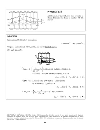   
6 
Σ =   + −  +  
0: (8.5 ft) (1300 lb)(24 ft) (300 lb)(6 ft) 
G HI M F 
Σ = − − 
− − = 
4 6 
x GI ΣF = − F − − − = 
0: ( 2375.4 lb) 3400 lb 0 
5 6 4 
PROPRIETARY MATERIAL. © 2013 The McGraw-Hill Companies, Inc. All rights reserved. No part of this Manual may be displayed, 
reproduced or distributed in any form or by any means, without the prior written permission of the publisher, or used beyond the limited 
distribution to teachers and educators permitted by McGraw-Hill for their individual course preparation. If you are a student using this Manual, 
you are using it without permission. 
834 
PROBLEM 6.58 
A Polynesian, or duopitch, roof truss is loaded as 
shown. Determine the force in members HI, GI, 
and GJ. 
SOLUTION 
See solution of Problem 6.57 for reactions: 
A =1500 lb , N =1300 lb  
We pass a section through HI, GI, and GJ, and use the free body shown. 
(We apply FHI at H.) 
2 2 
6 4 
(300 lb)(12 ft) (300 lb)(18 ft) (150 lb)(24 ft) 0 
− − − = 
2375.4 lb 2375 lb FHI = − FHI = C  
0: (1300 lb)(18 ft) (300 lb)(6 ft) (300 lb)(12 ft) 
(150 lb)(18 ft) (4.5 ft) 0 
I 
GJ 
M 
F 
3400 lb 3400 lb FGJ = + FGJ = T  
2 2 
+ 
1779.4 lb FGI = − 1779 lb FGI = C  
 