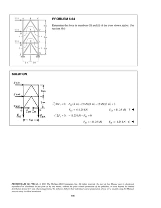 PROBLEM 6.64 
Determine the force in members GJ and IK of the truss shown. (Hint: Use 
section bb.) 
PROPRIETARY MATERIAL. © 2013 The McGraw-Hill Companies, Inc. All rights reserved. No part of this Manual may be displayed, 
reproduced or distributed in any form or by any means, without the prior written permission of the publisher, or used beyond the limited 
distribution to teachers and educators permitted by McGraw-Hill for their individual course preparation. If you are a student using this Manual, 
you are using it without permission. 
840 
SOLUTION 
0: ΣMI = FGJ (4 m) − (5 kN)(6 m) − (5 kN)(3 m) = 0 
FGJ = +11.25 kN FGJ = 11.25 kN T  
0: 11.25 kN 0 y IK ΣF = − − F = 
FIK = −11.25 kN FIK = 11.25 kN C  
 