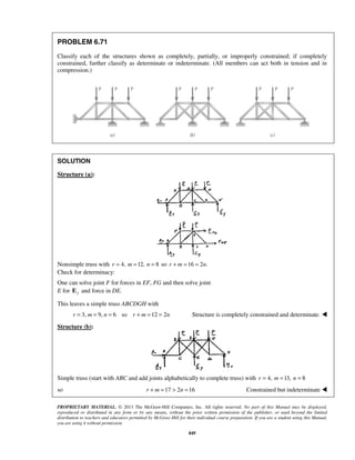 PROBLEM 6.71 
Classify each of the structures shown as completely, partially, or improperly constrained; if completely 
constrained, further classify as determinate or indeterminate. (All members can act both in tension and in 
compression.) 
PROPRIETARY MATERIAL. © 2013 The McGraw-Hill Companies, Inc. All rights reserved. No part of this Manual may be displayed, 
reproduced or distributed in any form or by any means, without the prior written permission of the publisher, or used beyond the limited 
distribution to teachers and educators permitted by McGraw-Hill for their individual course preparation. If you are a student using this Manual, 
you are using it without permission. 
849 
SOLUTION 
Structure (a): 
Nonsimple truss with r = 4, m =12, n = 8 so r + m =16 = 2n. 
Check for determinacy: 
One can solve joint F for forces in EF, FG and then solve joint 
E for y E and force in DE. 
This leaves a simple truss ABCDGH with 
r = 3, m = 9, n = 6 so r + m =12 = 2n Structure is completely constrained and determinate.  
Structure (b): 
Simple truss (start with ABC and add joints alphabetically to complete truss) with r = 4, m =13, n = 8 
so r + m =17  2n =16 Constrained but indeterminate  
 