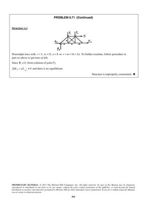PROBLEM 6.71 (Continued) 
PROPRIETARY MATERIAL. © 2013 The McGraw-Hill Companies, Inc. All rights reserved. No part of this Manual may be displayed, 
reproduced or distributed in any form or by any means, without the prior written permission of the publisher, or used beyond the limited 
distribution to teachers and educators permitted by McGraw-Hill for their individual course preparation. If you are a student using this Manual, 
you are using it without permission. 
850 
Structure (c): 
Nonsimple truss with r = 3, m =13, n = 8 so r + m =16 = 2n. To further examine, follow procedure in 
part (a) above to get truss at left. 
Since F1 ≠ 0 (from solution of joint F), 
ΣMA = aF1 
≠ 0 and there is no equilibrium. 
Structure is improperly constrained.  
 