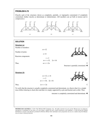 PROBLEM 6.72 
Classify each of the structures shown as completely, partially, or improperly constrained; if completely 
constrained, further classify as determinate or indeterminate. (All members can act both in tension and in 
compression.) 
= 
+ = = 
= = 
= 
m n 
r 
PROPRIETARY MATERIAL. © 2013 The McGraw-Hill Companies, Inc. All rights reserved. No part of this Manual may be displayed, 
reproduced or distributed in any form or by any means, without the prior written permission of the publisher, or used beyond the limited 
distribution to teachers and educators permitted by McGraw-Hill for their individual course preparation. If you are a student using this Manual, 
you are using it without permission. 
851 
SOLUTION 
Structure (a) 
Number of members: 
m =12 
Number of joints: 
n = 8 
Reaction components: 
3 
15, 2 16 
r 
m r n 
Thus, m + r  2n  
Structure is partially constrained.  
Structure (b) 
13, 8 
3 
16, 2 16 
+ = = 
m r n 
Thus, m + r = 2n  
To verify that the structure is actually completely constrained and determinate, we observe that it is a simple 
truss (follow lettering to check this) and that it is simply supported by a pin-and-bracket and a roller. Thus, 
structure is completely constrained and determinate.  
 