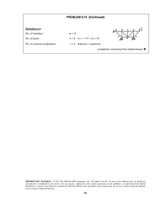 PROBLEM 6.74 (Continued) 
Structure (c): 
No. of members m =13 
No. of joints n = 8 m + r =17  2n =16 
No. of reaction components r = 4 unknows  equations 
PROPRIETARY MATERIAL. © 2013 The McGraw-Hill Companies, Inc. All rights reserved. No part of this Manual may be displayed, 
reproduced or distributed in any form or by any means, without the prior written permission of the publisher, or used beyond the limited 
distribution to teachers and educators permitted by McGraw-Hill for their individual course preparation. If you are a student using this Manual, 
you are using it without permission. 
855 
completely constrained but indeterminate  
 