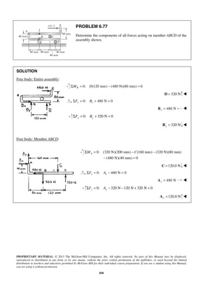 PROBLEM 6.77 
Determine the components of all forces acting on member ABCD of the 
assembly shown. 
ΣMA = − C − 
− = 
PROPRIETARY MATERIAL. © 2013 The McGraw-Hill Companies, Inc. All rights reserved. No part of this Manual may be displayed, 
reproduced or distributed in any form or by any means, without the prior written permission of the publisher, or used beyond the limited 
distribution to teachers and educators permitted by McGraw-Hill for their individual course preparation. If you are a student using this Manual, 
you are using it without permission. 
858 
SOLUTION 
Free body: Entire assembly: 
0: ΣMB = D(120 mm) − (480 N)(80 mm) = 0 
D = 320 N  
0: 480 N 0 x x ΣF = B + = 
480 N x B =  
0: 320 N 0 y y ΣF = B + = 
320 N y B =  
Free body: Member ABCD: 
0: (320 N)(200 mm) (160 mm) (320 N)(80 mm) 
(480 N)(40 mm) 0 
C =120.0 N  
0: 480 N 0 x x ΣF = A − = 
480 N x A =  
0: 320 N 120 N 320 N 0 y y ΣF = A − − + = 
120.0 N y A =  
 