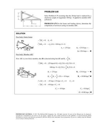 PROBLEM 6.80 
Solve Problem 6.79 assuming that the 20-kip load is replaced by a 
clockwise couple of magnitude 100 kip ⋅ ft applied to member EDC 
at Point D. 
PROBLEM 6.79 For the frame and loading shown, determine the 
components of all forces acting on member ABC. 
5 x x ⋅ + B + B = 
5 5 y x B = B = − = − 10.00 kips y B =  
PROPRIETARY MATERIAL. © 2013 The McGraw-Hill Companies, Inc. All rights reserved. No part of this Manual may be displayed, 
reproduced or distributed in any form or by any means, without the prior written permission of the publisher, or used beyond the limited 
distribution to teachers and educators permitted by McGraw-Hill for their individual course preparation. If you are a student using this Manual, 
you are using it without permission. 
861 
SOLUTION 
Free body: Entire frame: 
ΣFy = 0: Ay = 0 
0: (4 ft) 100 kip ft 0 E x ΣM = −A − ⋅ = 
25 kips x A = − 25.0 kips x A = 
A = 25.0 kips  
Free body: Member ABC: 
Note: BE is a two-force member, thus B is directed along line BE and 
2 
. 
5 y x B = B 
0: (25 kips)(4 ft) (2 ft) (5 ft) 0 C x y ΣM = + B + B = 
2 
100 kip ft (2 ft) (5 ft) 0 
25 kips x B = − 25.0 kips x B =  
2 2 
( 25) 10 kips; 
0: 25 kips 25 kips 0 0 x x x ΣF = − + + C = C = 
0: 10 kips 0 y y ΣF = + + C = 
10 kips y C = − 10 kips y C = 
C =10.00 kips  
 