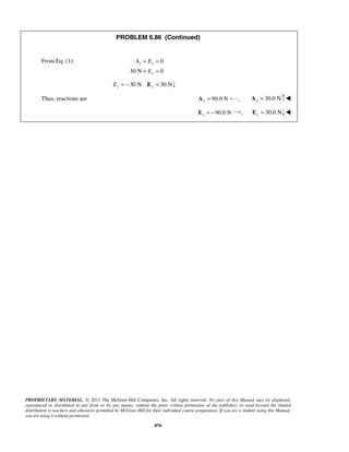 PROBLEM 6.86 (Continued) 
+ = 
+ = 
From Eq. (1): 0 
30 N 0 
PROPRIETARY MATERIAL. © 2013 The McGraw-Hill Companies, Inc. All rights reserved. No part of this Manual may be displayed, 
reproduced or distributed in any form or by any means, without the prior written permission of the publisher, or used beyond the limited 
distribution to teachers and educators permitted by McGraw-Hill for their individual course preparation. If you are a student using this Manual, 
you are using it without permission. 
870 
y y 
y 
A E 
E 
Ey = −30 N Ey = 30 N 
Thus, reactions are 90.0 N x A = , 30.0 N y A =  
90.0 N x E = − , 30.0 N y E =  
 