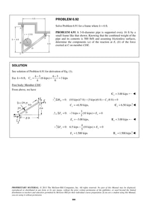 PROBLEM 6.92 
Solve Problem 6.91 for a frame where h = 6 ft. 
PROBLEM 6.91 A 3-ft-diameter pipe is supported every 16 ft by a 
small frame like that shown. Knowing that the combined weight of the 
pipe and its contents is 500 lb/ft and assuming frictionless surfaces, 
determine the components (a) of the reaction at E, (b) of the force 
exerted at C on member CDE. 
SOLUTION 
See solution of Problem 6.91 for derivation of Eq. (1). 
= = h 
− = − = 
5 x x ΣF = − + + E = 
5 y y ΣF = − + E = 
PROPRIETARY MATERIAL. © 2013 The McGraw-Hill Companies, Inc. All rights reserved. No part of this Manual may be displayed, 
reproduced or distributed in any form or by any means, without the prior written permission of the publisher, or used beyond the limited 
distribution to teachers and educators permitted by McGraw-Hill for their individual course preparation. If you are a student using this Manual, 
you are using it without permission. 
880 
For 
3 6 3 
6 ft, C (6 kips) 3 kips 
6 x 
h 
h 
Free body: Member CDE: 
From above, we have 
3.00 kips x C =  
0: (10 kips)(7 ft) (3 kips)(6 ft) (8 ft) 0 ΣME = − − Cy = 
6.50 kips, y C = + 6.50 kips y C =  
3 
0: 3 kips (10 kips) 0 
3.00 kips, x E = − 3.00 kips x E =  
4 
0: 6.5 kips (10 kips) 0 
1.500 kips y E = 1.500 kips y E =  
 