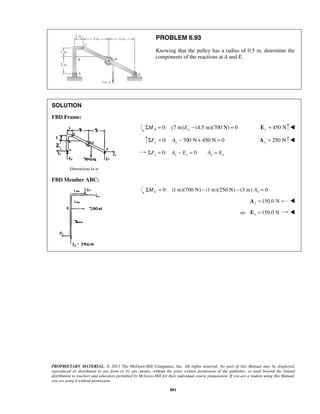 PROBLEM 6.93 
Knowing that the pulley has a radius of 0.5 m, determine the 
components of the reactions at A and E. 
PROPRIETARY MATERIAL. © 2013 The McGraw-Hill Companies, Inc. All rights reserved. No part of this Manual may be displayed, 
reproduced or distributed in any form or by any means, without the prior written permission of the publisher, or used beyond the limited 
distribution to teachers and educators permitted by McGraw-Hill for their individual course preparation. If you are a student using this Manual, 
you are using it without permission. 
881 
SOLUTION 
FBD Frame: 
ΣMA = 0: (7 m)Ey − (4.5 m)(700 N) = 0 450 N y E =  
0: 700 N 450 N 0 y y ΣF = A − + = 250 N y A =  
0: 0 ΣFx = Ax − Ex = Ax = Ex 
Dimensions in m 
FBD Member ABC: 
0: (1 m)(700 N) (1 m)(250 N) (3 m) 0 ΣMC = − − Ax = 
150.0 N x A =  
so 150.0 N x E =  
 
 