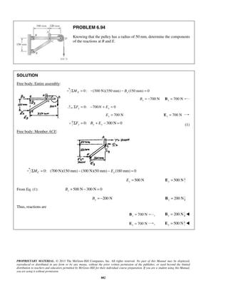 PROBLEM 6.94 
Knowing that the pulley has a radius of 50 mm, determine the components 
of the reactions at B and E. 
PROPRIETARY MATERIAL. © 2013 The McGraw-Hill Companies, Inc. All rights reserved. No part of this Manual may be displayed, 
reproduced or distributed in any form or by any means, without the prior written permission of the publisher, or used beyond the limited 
distribution to teachers and educators permitted by McGraw-Hill for their individual course preparation. If you are a student using this Manual, 
you are using it without permission. 
882 
SOLUTION 
Free body: Entire assembly: 
0 ΣME = : −(300 N)(350 mm) − Bx (150 mm) = 0 
700 N x B = − 700 N x B = 
0: 700 0 x x ΣF = − N + E = 
700 N x E = 700 N x E = 
0: 300 N 0 y y y ΣF = B + E − = (1) 
Free body: Member ACE: 
0: (700 N)(150 mm) (300 N)(50 mm) (180 mm) 0 C y ΣM = − − E = 
500 N y E = 500 N y E = 
From Eq. (1): 500 N 300 N 0 y B+ − = 
200 N y B = − 200 N y B = 
Thus, reactions are 
700 N x B = , 200 N y B =  
700 N x E = , 500 N y E =  
 