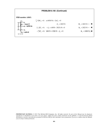 PROBLEM 6.100 (Continued) 
PROPRIETARY MATERIAL. © 2013 The McGraw-Hill Companies, Inc. All rights reserved. No part of this Manual may be displayed, 
reproduced or distributed in any form or by any means, without the prior written permission of the publisher, or used beyond the limited 
distribution to teachers and educators permitted by McGraw-Hill for their individual course preparation. If you are a student using this Manual, 
you are using it without permission. 
891 
FBD member AB0E: 
ΣMA = 0: a(4050 N) − 2aEx = 0 
2025 N x E = 2025 N x E =  
0 : (4050 2025) N 0 x x ΣF = −A + − = 2025 N x A =  
0: 600 N 1200 N 0 y y ΣF = + − A = 1800 N y A =  
 