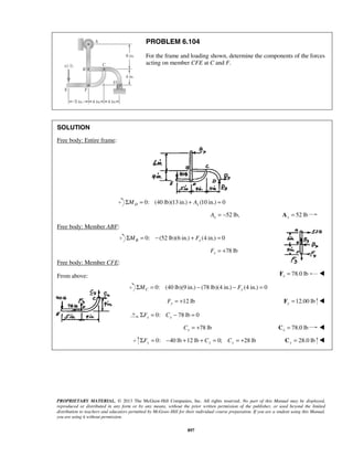 PROBLEM 6.104 
For the frame and loading shown, determine the components of the forces 
acting on member CFE at C and F. 
PROPRIETARY MATERIAL. © 2013 The McGraw-Hill Companies, Inc. All rights reserved. No part of this Manual may be displayed, 
reproduced or distributed in any form or by any means, without the prior written permission of the publisher, or used beyond the limited 
distribution to teachers and educators permitted by McGraw-Hill for their individual course preparation. If you are a student using this Manual, 
you are using it without permission. 
897 
SOLUTION 
Free body: Entire frame: 
0: ΣMD = (40 lb)(13 in.) + Ax (10 in.) = 0 
52 lb, x A = − 52 lb x A =  
Free body: Member ABF: 
0: (52 lb)(6 in.) (4 in.) 0 B x ΣM = − + F = 
78 lb x F = + 
Free body: Member CFE: 
From above: 78.0 lb x F =  
0: (40 lb)(9 in.) (78 lb)(4 in.) (4 in.) 0 ΣMC = − − Fy = 
12 lb Fy = + 12.00 lb y F =  
0: 78 lb 0 x x ΣF = C − = 
78 lb x C = + 78.0 lb x C =  
0: 40 lb 12 lb 0; 28 lb ΣFy = − + + Cy = Cy = + 28.0 lb y C =  
 