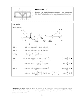 PROBLEM 6.112 
Members ABC and CDE are pin-connected at C and supported by 
four links. For the loading shown, determine the force in each link. 
P P 
C = C = 
2 ΣFx = − FBG + Cx = FBG = Cx 
P 
F = C  
P 
  
Σ F = F − P +  P 
 + = 
P 
F = C  
2 ΣFx = − Cx + FDG = FDG = Cx 
P 
F = C  
P P P 
  
Σ F = − C +  P  + F = F 
= − = − 
P 
F = T  
PROPRIETARY MATERIAL. © 2013 The McGraw-Hill Companies, Inc. All rights reserved. No part of this Manual may be displayed, 
reproduced or distributed in any form or by any means, without the prior written permission of the publisher, or used beyond the limited 
distribution to teachers and educators permitted by McGraw-Hill for their individual course preparation. If you are a student using this Manual, 
you are using it without permission. 
907 
SOLUTION 
Member FBDs: 
I II 
FBD I: ΣMI = 0: 2aCy + aCx − aP = 0 2Cy + Cx = P 
FBD II: 0: 2 0 2 0 ΣMJ = aCy − aCx = Cy − Cx = 
Solving, ; as shown. 
2 4 x y 
FBD I: 
1 
0: 0 2 
2 BG 
1 2 
0: 0 
2 2 4 y AF 
  
4 AF 
FBD II: 
1 
0: 0 2 
2 DG 
1 2 
0: 0 
2 2 4 2 4 y y EH EH 
  
4 EH 
 