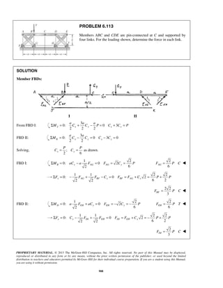 PROBLEM 6.113 
Members ABC and CDE are pin-connected at C and supported by 
four links. For the loading shown, determine the force in each link. 
a a a 
ΣM = C + C − P = C + C = P 
a a 
ΣM = C − C = C − C = 
P P 
C = C = 
2 6 B y AG AG y ΣM = aC − a F = F = C = P 
2 2 6 2 x AG BF x BF AG x ΣF = − F + F − C = F = F + C = P + P 
2 6 D EH y EH y ΣM = a F + aC = F = − C = − P 
2 2 6 2 x x DI EH DI EH x ΣF = C − F + F = F = F + C = − P + P 
PROPRIETARY MATERIAL. © 2013 The McGraw-Hill Companies, Inc. All rights reserved. No part of this Manual may be displayed, 
reproduced or distributed in any form or by any means, without the prior written permission of the publisher, or used beyond the limited 
distribution to teachers and educators permitted by McGraw-Hill for their individual course preparation. If you are a student using this Manual, 
you are using it without permission. 
908 
SOLUTION 
Member FBDs: 
I II 
From FBD I: 
3 
0: 0 3 
2 2 2 J x y x y 
FBD II: 
3 
0: 0 3 0 
2 2 K x y x y 
Solving, ; as drawn. 
2 6 x y 
FBD I: 
1 2 
0: 0 2 
2 
6 AG F = P C  
1 1 2 2 
0: 0 2 
2 2 
3 BF F = P C  
FBD II: 
1 2 
0: 0 2 
2 
6 EH F = P T  
1 1 2 2 
0: 0 2 
2 
3 DI F = P C  
 
