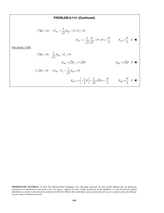 PROBLEM 6.114 (Continued) 
2 ΣFy = − FAF − FBG − P + Cy = 
P 
F = C  
2 ΣFy = FDG − Cy = 
2 ΣFx = − FEH − Cx − FDG = 
P 
= − −  − = −   
F P P 
P 
F = C  
PROPRIETARY MATERIAL. © 2013 The McGraw-Hill Companies, Inc. All rights reserved. No part of this Manual may be displayed, 
reproduced or distributed in any form or by any means, without the prior written permission of the publisher, or used beyond the limited 
distribution to teachers and educators permitted by McGraw-Hill for their individual course preparation. If you are a student using this Manual, 
you are using it without permission. 
910 
1 
0: 0 
1 
2 2 2 AF 
P P 
F = − − P + P = − 
2 AF 
Free body: CDE: 
1 
0: 0 
2 2 FDG = Cy = + P 2 DG F = P T  
1 
0: 0 
1 1 
2 
2 2 2 EH 
  
2 EH 
 