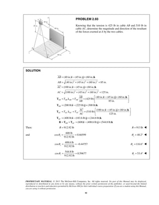PROBLEM 2.93 
Knowing that the tension is 425 lb in cable AB and 510 lb in 
cable AC, determine the magnitude and direction of the resultant 
of the forces exerted at A by the two cables. 
= (40 in.) i − (45 in.) j + 
(60 in.) 
k 
= (40 in.) + (45 in.) + (60 in.) = 
85 in. 
= (100 in.) − (45 in.) + 
(60 in.) 
= (100 in.) + (45 in.) + (60 in.) = 
125 in. 
= = = − + 
 
AB 
AB 
AC 
AC 
i j k 
AB 
T T 
 
T i j k 
 
912.92 lb x θ = = 48.2 x θ = °  
912.92 lb y θ = =− 116.6 y θ = °  
912.92 lb z θ 
= = 53.4 z θ 
PROPRIETARY MATERIAL. © 2013 The McGraw-Hill Companies, Inc. All rights reserved. No part of this Manual may be displayed, 
reproduced or distributed in any form or by any means, without the prior written permission of the publisher, or used beyond the limited 
distribution to teachers and educators permitted by McGraw-Hill for their individual course preparation. If you are a student using this Manual, 
you are using it without permission. 
95 
SOLUTION 
2 2 2 
2 2 2 
(40 in.) (45 in.) (60 in.) 
(425 lb) 
AB AB AB AB 
AB 
85 in. i j k 
T λ 
 
(200 lb) (225 lb) (300 lb) 
(100 in.) (45 in.) (60 in.) 
(510 lb) 
125 in. 
(408 lb) (183.6 lb) (244.8 lb) 
(608) (408.6 lb) (544.8 lb) 
AB 
AC AC AC AC 
AC 
AB AC 
AC 
T T 
AC 
  
  
  
= − + 
 − +  = = =   
  
= − + 
= + = − + 
i j k 
T λ 
T i j k 
R T T i j k 
Then: R = 912.92 lb R = 913 lb  
and 
608 lb 
cos 0.66599 
408.6 lb 
cos 0.44757 
544.8 lb 
cos 0.59677 
= °  
 