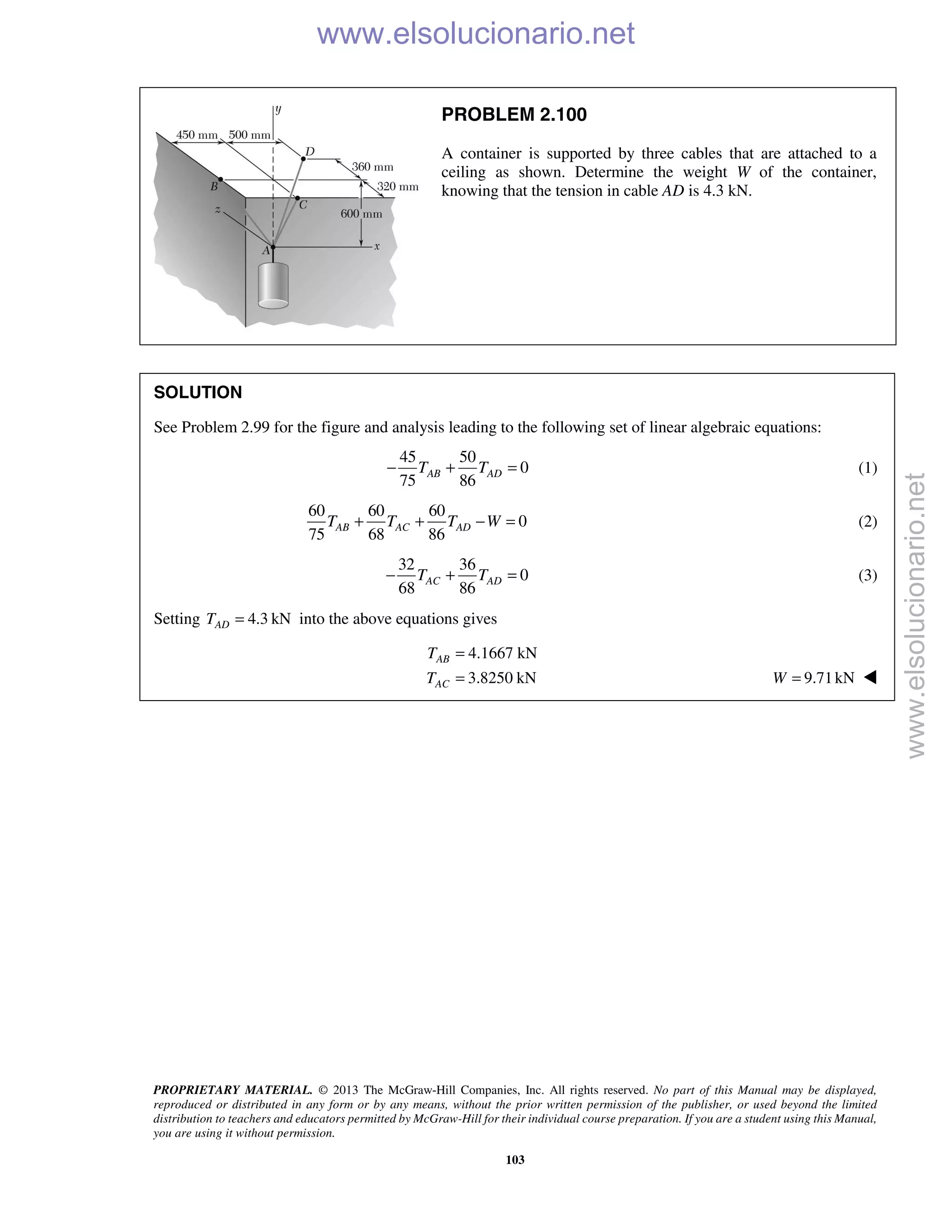 PROPRIETARY MATERIAL. © 2013 The McGraw-Hill Companies, Inc. All rights reserved. No part of this Manual may be displayed,
reproduced or distributed in any form or by any means, without the prior written permission of the publisher, or used beyond the limited
distribution to teachers and educators permitted by McGraw-Hill for their individual course preparation. If you are a student using this Manual,
you are using it without permission.
103
PROBLEM 2.100
A container is supported by three cables that are attached to a
ceiling as shown. Determine the weight W of the container,
knowing that the tension in cable AD is 4.3 kN.
SOLUTION
See Problem 2.99 for the figure and analysis leading to the following set of linear algebraic equations:
45 50
0
75 86
AB ADT T− + = (1)
60 60 60
0
75 68 86
AB AC ADT T T W+ + − = (2)
32 36
0
68 86
AC ADT T− + = (3)
Setting 4.3 kNADT = into the above equations gives
4.1667 kN
3.8250 kN
AB
AC
T
T
=
= 9.71kNW = 
www.elsolucionario.net
www.elsolucionario.net
 