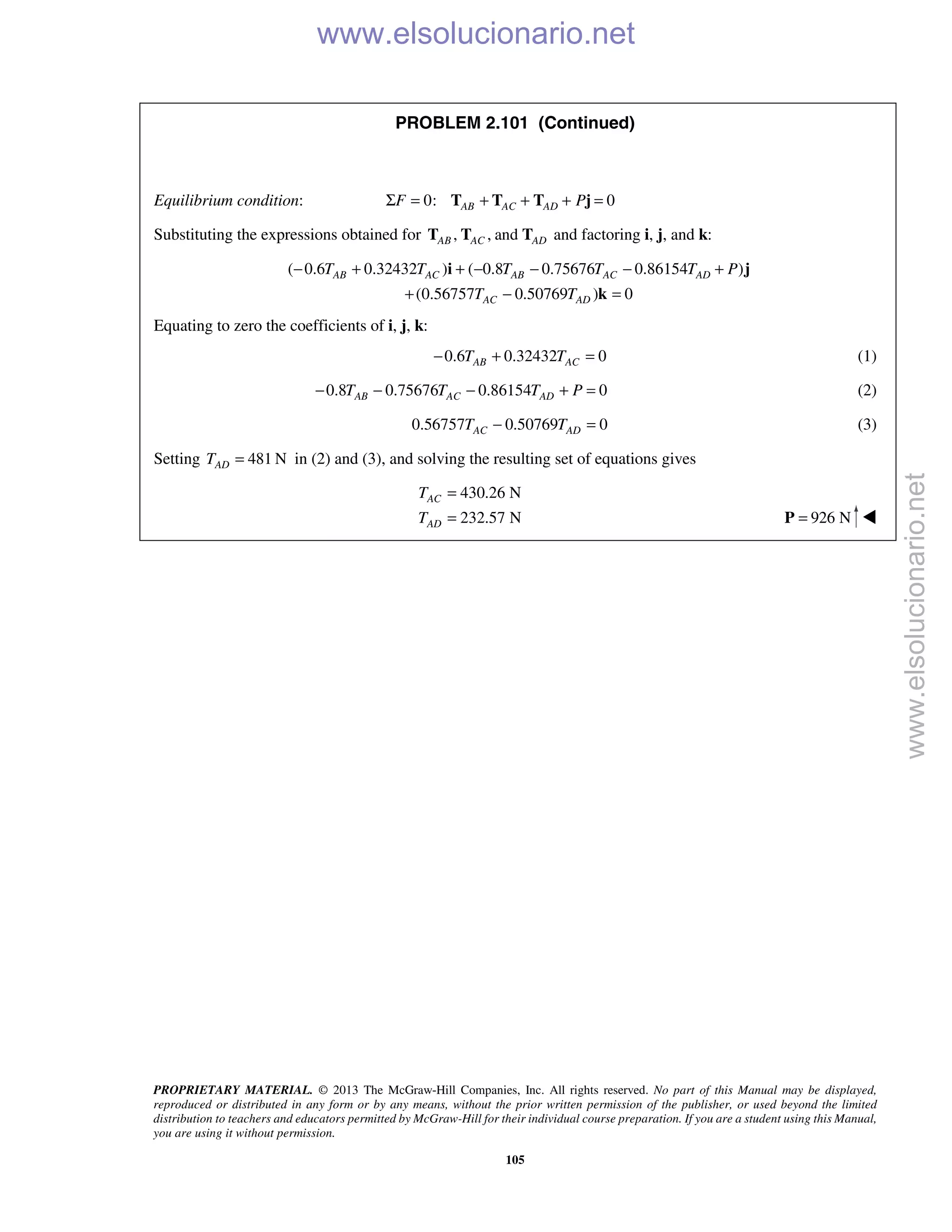 PROPRIETARY MATERIAL. © 2013 The McGraw-Hill Companies, Inc. All rights reserved. No part of this Manual may be displayed,
reproduced or distributed in any form or by any means, without the prior written permission of the publisher, or used beyond the limited
distribution to teachers and educators permitted by McGraw-Hill for their individual course preparation. If you are a student using this Manual,
you are using it without permission.
105
PROBLEM 2.101 (Continued)
Equilibrium condition: 0: 0AB AC ADF PΣ = + + + =T T T j
Substituting the expressions obtained for , , andAB AC ADT T T and factoring i, j, and k:
( 0.6 0.32432 ) ( 0.8 0.75676 0.86154 )
(0.56757 0.50769 ) 0
AB AC AB AC AD
AC AD
T T T T T P
T T
− + + − − − +
+ − =
i j
k
Equating to zero the coefficients of i, j, k:
0.6 0.32432 0AB ACT T− + = (1)
0.8 0.75676 0.86154 0AB AC ADT T T P− − − + = (2)
0.56757 0.50769 0AC ADT T− = (3)
Setting 481 NADT = in (2) and (3), and solving the resulting set of equations gives
430.26 N
232.57 N
AC
AD
T
T
=
= 926 N=P 
www.elsolucionario.net
www.elsolucionario.net
 