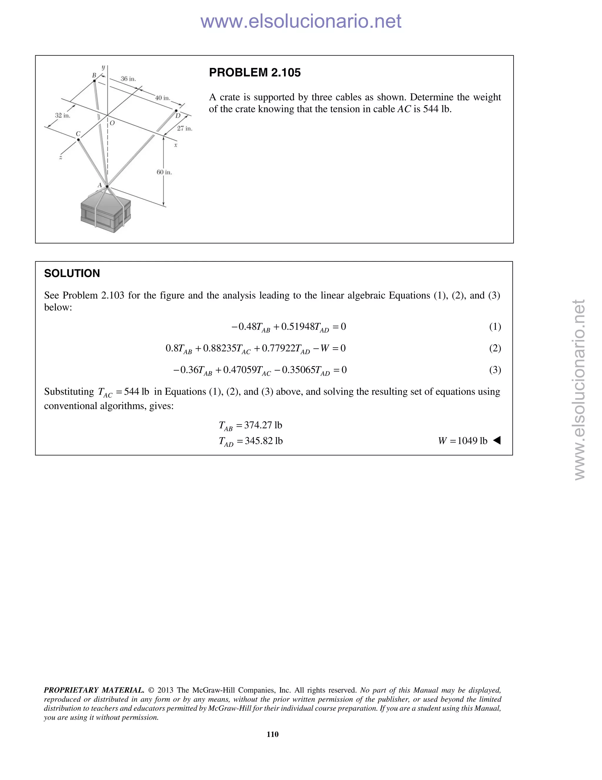 PROPRIETARY MATERIAL. © 2013 The McGraw-Hill Companies, Inc. All rights reserved. No part of this Manual may be displayed,
reproduced or distributed in any form or by any means, without the prior written permission of the publisher, or used beyond the limited
distribution to teachers and educators permitted by McGraw-Hill for their individual course preparation. If you are a student using this Manual,
you are using it without permission.
110
PROBLEM 2.105
A crate is supported by three cables as shown. Determine the weight
of the crate knowing that the tension in cable AC is 544 lb.
SOLUTION
See Problem 2.103 for the figure and the analysis leading to the linear algebraic Equations (1), (2), and (3)
below:
0.48 0.51948 0AB ADT T− + = (1)
0.8 0.88235 0.77922 0AB AC ADT T T W+ + − = (2)
0.36 0.47059 0.35065 0AB AC ADT T T− + − = (3)
Substituting 544 lbACT = in Equations (1), (2), and (3) above, and solving the resulting set of equations using
conventional algorithms, gives:
374.27 lb
345.82 lb
AB
AD
T
T
=
= 1049 lbW = 
www.elsolucionario.net
www.elsolucionario.net
 