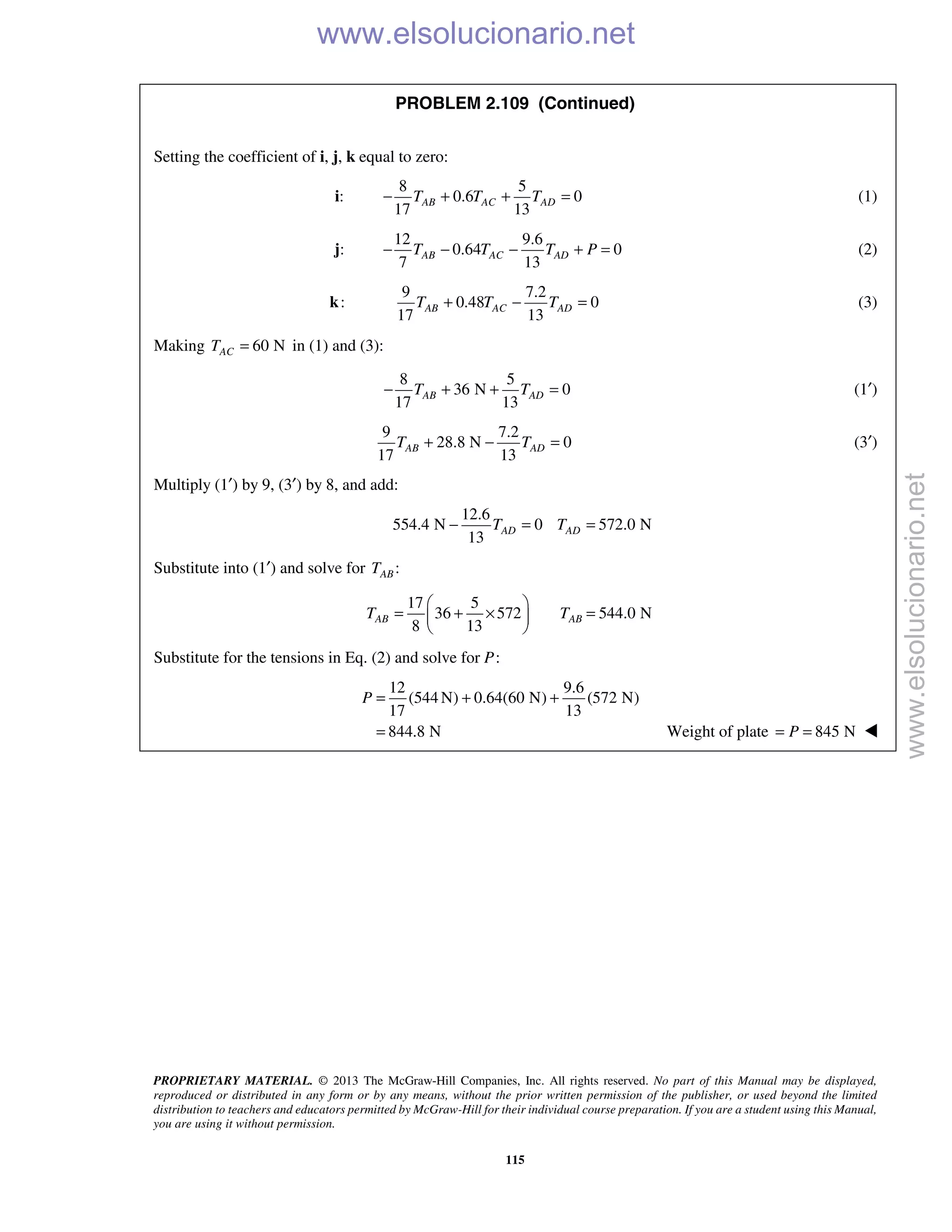 PROPRIETARY MATERIAL. © 2013 The McGraw-Hill Companies, Inc. All rights reserved. No part of this Manual may be displayed,
reproduced or distributed in any form or by any means, without the prior written permission of the publisher, or used beyond the limited
distribution to teachers and educators permitted by McGraw-Hill for their individual course preparation. If you are a student using this Manual,
you are using it without permission.
115
PROBLEM 2.109 (Continued)
Setting the coefficient of i, j, k equal to zero:
:i
8 5
0.6 0
17 13
AB AC ADT T T− + + = (1)
:j
12 9.6
0.64 0
7 13
AB AC ADT T T P− − − + = (2)
:k
9 7.2
0.48 0
17 13
AB AC ADT T T+ − = (3)
Making 60 NACT = in (1) and (3):
8 5
36 N 0
17 13
AB ADT T− + + = (1′)
9 7.2
28.8 N 0
17 13
AB ADT T+ − = (3′)
Multiply (1′) by 9, (3′) by 8, and add:
12.6
554.4 N 0 572.0 N
13
AD ADT T− = =
Substitute into (1′) and solve for :ABT
17 5
36 572 544.0 N
8 13
AB ABT T
 
= + × = 
 
Substitute for the tensions in Eq. (2) and solve for P:
12 9.6
(544 N) 0.64(60 N) (572 N)
17 13
844.8 N
P = + +
= Weight of plate 845 NP= = 
www.elsolucionario.net
www.elsolucionario.net
 