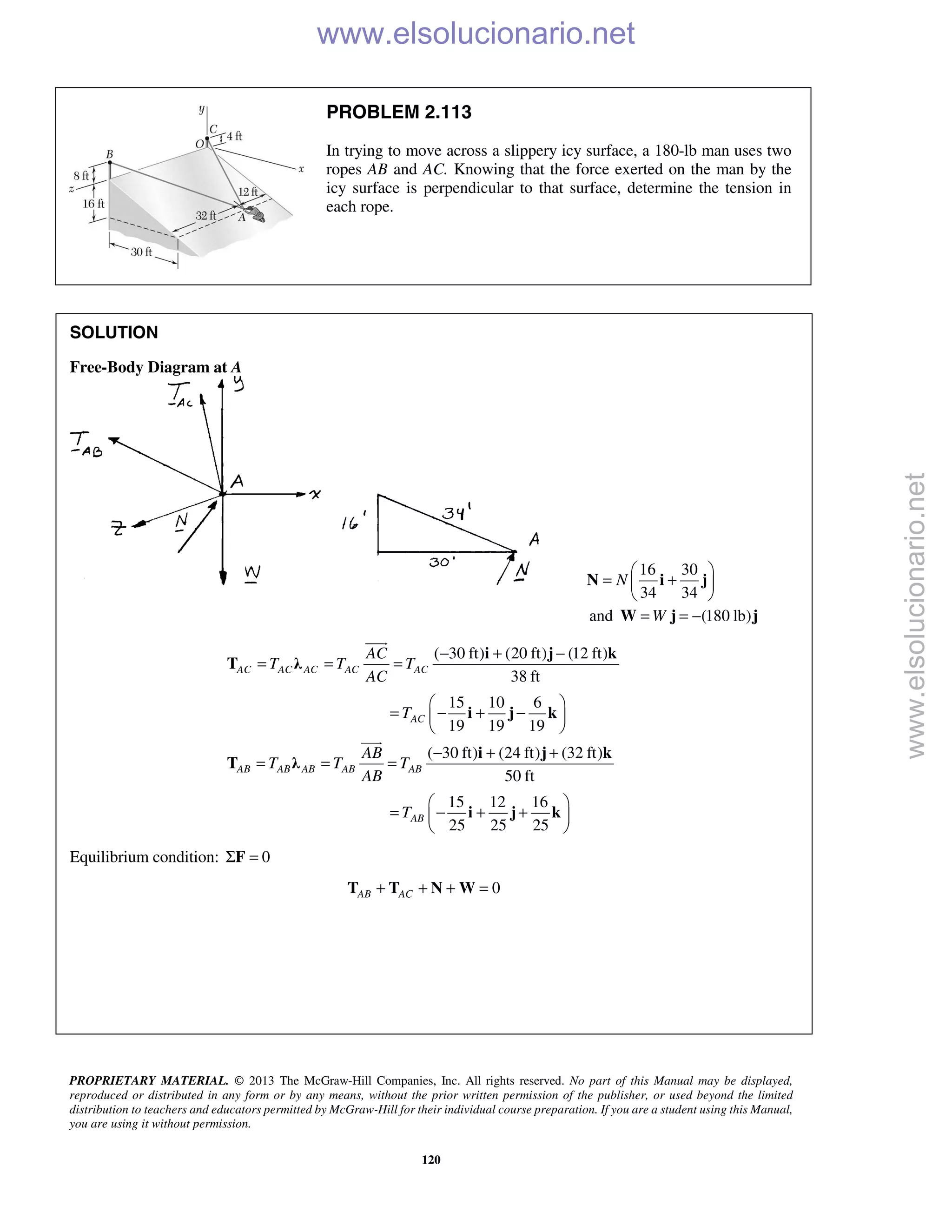 PROPRIETARY MATERIAL. © 2013 The McGraw-Hill Companies, Inc. All rights reserved. No part of this Manual may be displayed,
reproduced or distributed in any form or by any means, without the prior written permission of the publisher, or used beyond the limited
distribution to teachers and educators permitted by McGraw-Hill for their individual course preparation. If you are a student using this Manual,
you are using it without permission.
120
PROBLEM 2.113
In trying to move across a slippery icy surface, a 180-lb man uses two
ropes AB and AC. Knowing that the force exerted on the man by the
icy surface is perpendicular to that surface, determine the tension in
each rope.
SOLUTION
Free-Body Diagram at A
16 30
34 34
N
 
= + 
 
N i j
and (180 lb)W= = −W j j
( 30 ft) (20 ft) (12 ft)
38 ft
15 10 6
19 19 19
AC AC AC AC AC
AC
AC
T T T
AC
T
− + −
= = =
 
= − + − 
 
i j k
T λ
i j k

( 30 ft) (24 ft) (32 ft)
50 ft
15 12 16
25 25 25
AB AB AB AB AB
AB
AB
T T T
AB
T
− + +
= = =
 
= − + + 
 
i j k
T λ
i j k

Equilibrium condition: 0Σ =F
0AB AC+ + + =T T N W
www.elsolucionario.net
www.elsolucionario.net
 