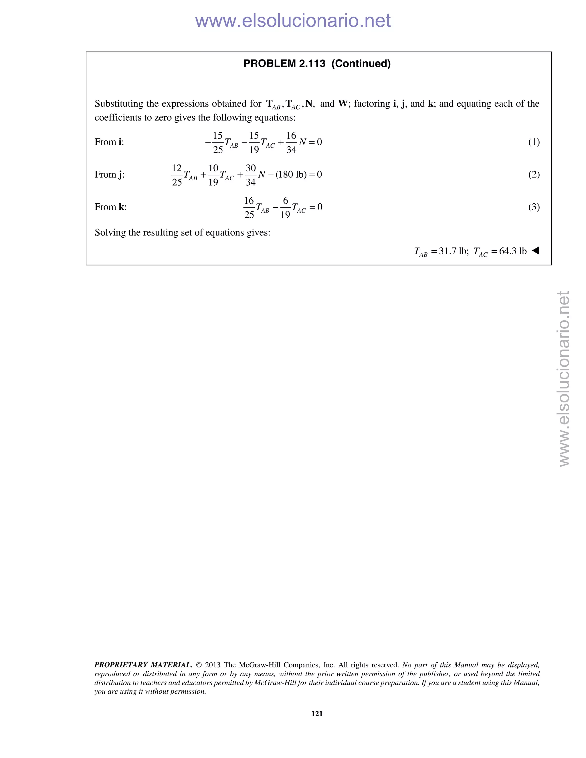 PROPRIETARY MATERIAL. © 2013 The McGraw-Hill Companies, Inc. All rights reserved. No part of this Manual may be displayed,
reproduced or distributed in any form or by any means, without the prior written permission of the publisher, or used beyond the limited
distribution to teachers and educators permitted by McGraw-Hill for their individual course preparation. If you are a student using this Manual,
you are using it without permission.
121
PROBLEM 2.113 (Continued)
Substituting the expressions obtained for , , ,AB ACT T N and W; factoring i, j, and k; and equating each of the
coefficients to zero gives the following equations:
From i:
15 15 16
0
25 19 34
AB ACT T N− − + = (1)
From j:
12 10 30
(180 lb) 0
25 19 34
AB ACT T N+ + − = (2)
From k:
16 6
0
25 19
AB ACT T− = (3)
Solving the resulting set of equations gives:
31.7 lb; 64.3 lbAB ACT T= = 
www.elsolucionario.net
www.elsolucionario.net
 