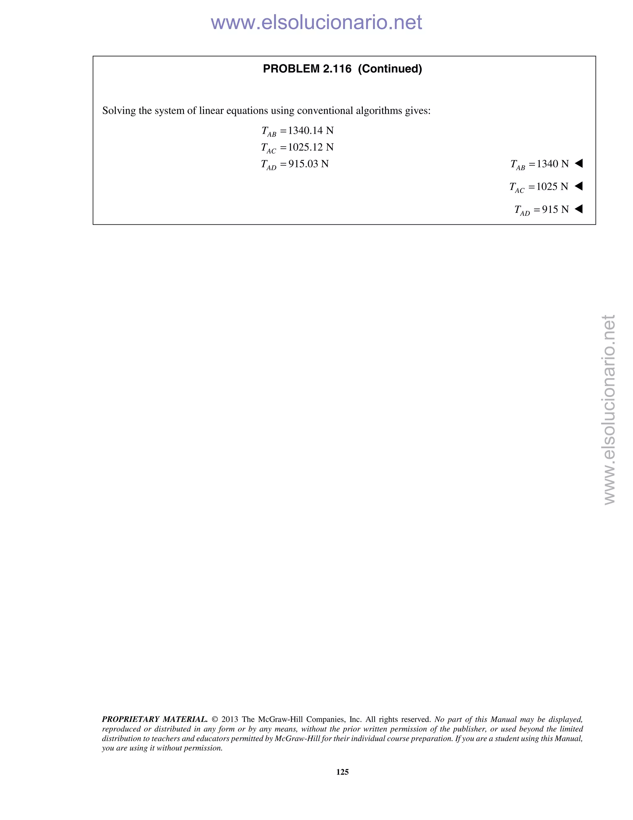 PROPRIETARY MATERIAL. © 2013 The McGraw-Hill Companies, Inc. All rights reserved. No part of this Manual may be displayed,
reproduced or distributed in any form or by any means, without the prior written permission of the publisher, or used beyond the limited
distribution to teachers and educators permitted by McGraw-Hill for their individual course preparation. If you are a student using this Manual,
you are using it without permission.
125
PROBLEM 2.116 (Continued)
Solving the system of linear equations using conventional algorithms gives:
1340.14 N
1025.12 N
915.03 N
AB
AC
AD
T
T
T
=
=
= 1340 NABT = 
1025 NACT = 
915 NADT = 
www.elsolucionario.net
www.elsolucionario.net
 