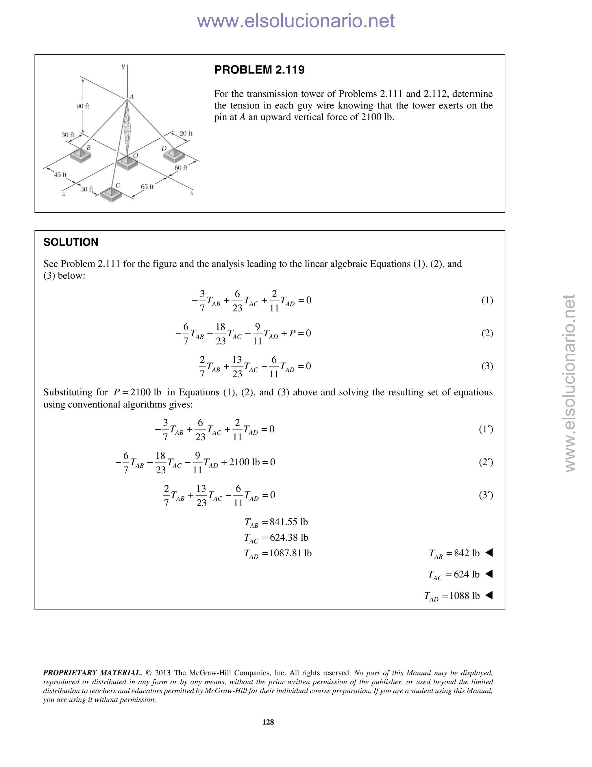 PROPRIETARY MATERIAL. © 2013 The McGraw-Hill Companies, Inc. All rights reserved. No part of this Manual may be displayed,
reproduced or distributed in any form or by any means, without the prior written permission of the publisher, or used beyond the limited
distribution to teachers and educators permitted by McGraw-Hill for their individual course preparation. If you are a student using this Manual,
you are using it without permission.
128
PROBLEM 2.119
For the transmission tower of Problems 2.111 and 2.112, determine
the tension in each guy wire knowing that the tower exerts on the
pin at A an upward vertical force of 2100 lb.
SOLUTION
See Problem 2.111 for the figure and the analysis leading to the linear algebraic Equations (1), (2), and
(3) below:
3 6 2
0
7 23 11
AB AC ADT T T− + + = (1)
6 18 9
0
7 23 11
AB AC ADT T T P− − − + = (2)
2 13 6
0
7 23 11
AB AC ADT T T+ − = (3)
Substituting for 2100 lbP = in Equations (1), (2), and (3) above and solving the resulting set of equations
using conventional algorithms gives:
3 6 2
0
7 23 11
AB AC ADT T T− + + = (1′)
6 18 9
2100 lb 0
7 23 11
AB AC ADT T T− − − + = (2′)
2 13 6
0
7 23 11
AB AC ADT T T+ − = (3′)
841.55 lb
624.38 lb
1087.81 lb
AB
AC
AD
T
T
T
=
=
= 842 lbABT = 
624 lbACT = 
1088 lbADT = 
www.elsolucionario.net
www.elsolucionario.net
 