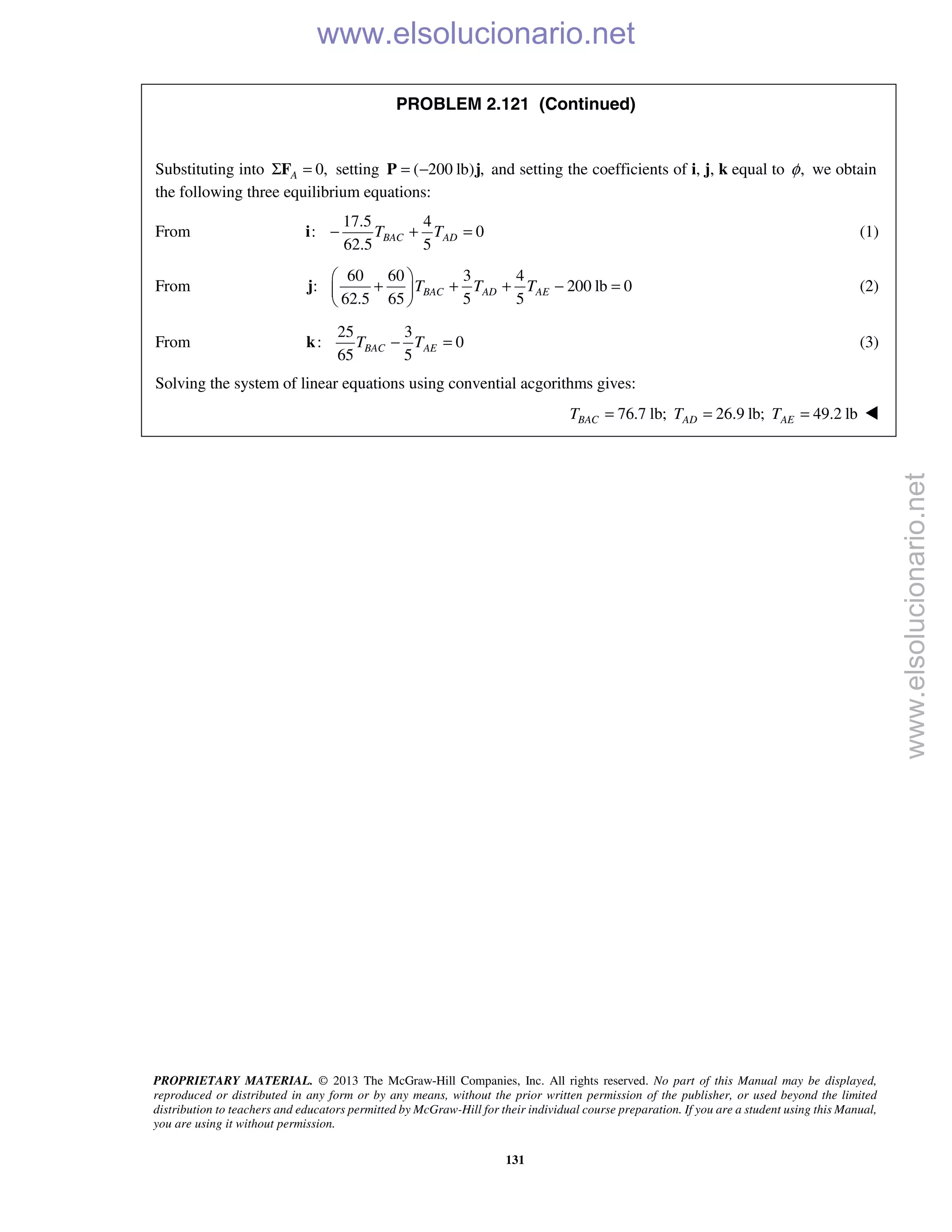 PROPRIETARY MATERIAL. © 2013 The McGraw-Hill Companies, Inc. All rights reserved. No part of this Manual may be displayed,
reproduced or distributed in any form or by any means, without the prior written permission of the publisher, or used beyond the limited
distribution to teachers and educators permitted by McGraw-Hill for their individual course preparation. If you are a student using this Manual,
you are using it without permission.
131
PROBLEM 2.121 (Continued)
Substituting into 0,AΣ =F setting ( 200 lb) ,= −P j and setting the coefficients of i, j, k equal to ,φ we obtain
the following three equilibrium equations:
From
17.5 4
: 0
62.5 5
BAC ADT T− + =i (1)
From
60 60 3 4
: 200 lb 0
62.5 65 5 5
BAC AD AET T T
 
+ + + − = 
 
j (2)
From
25 3
: 0
65 5
BAC AET T− =k (3)
Solving the system of linear equations using convential acgorithms gives:
76.7 lb; 26.9 lb; 49.2 lbBAC AD AET T T= = = 
www.elsolucionario.net
www.elsolucionario.net
 