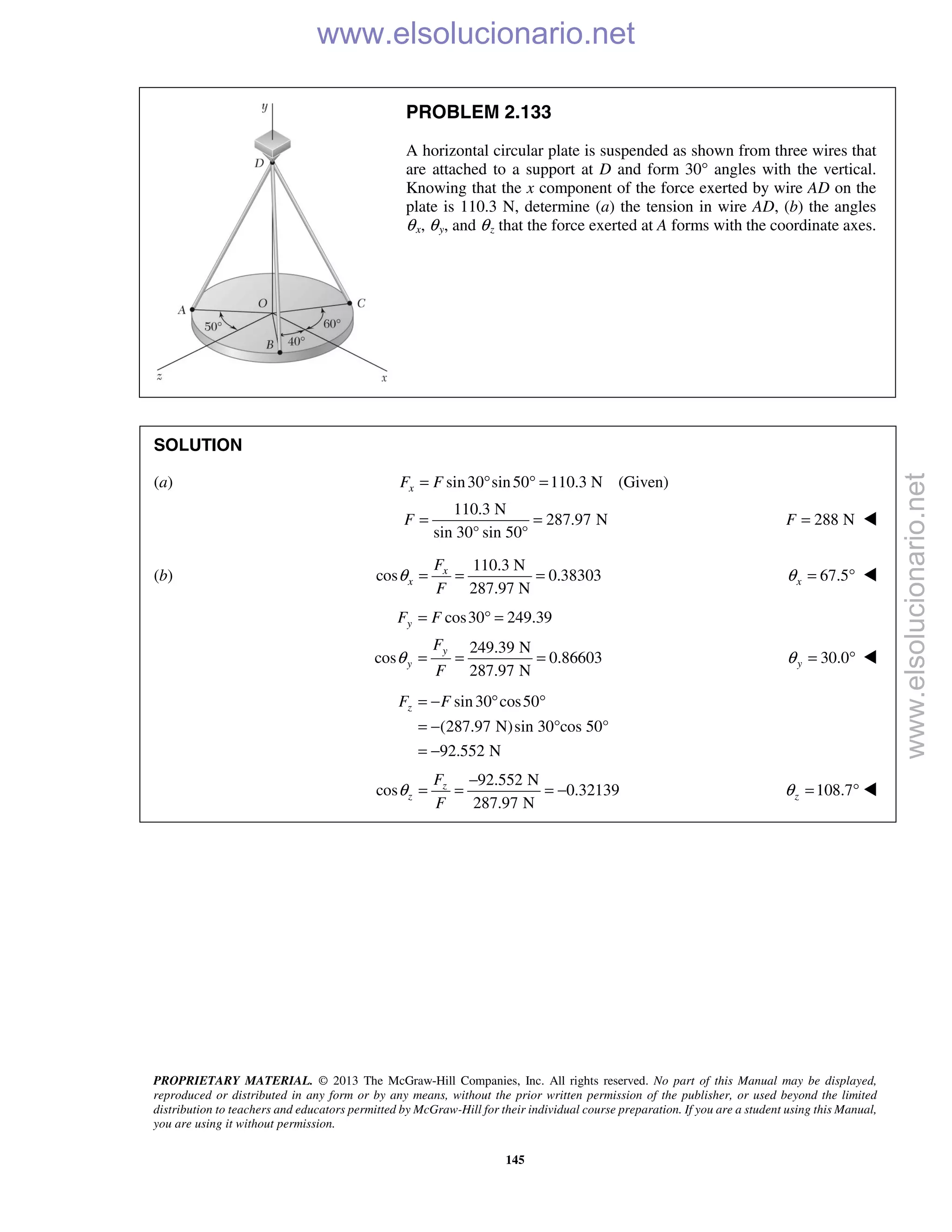 PROPRIETARY MATERIAL. © 2013 The McGraw-Hill Companies, Inc. All rights reserved. No part of this Manual may be displayed,
reproduced or distributed in any form or by any means, without the prior written permission of the publisher, or used beyond the limited
distribution to teachers and educators permitted by McGraw-Hill for their individual course preparation. If you are a student using this Manual,
you are using it without permission.
145
PROBLEM 2.133
A horizontal circular plate is suspended as shown from three wires that
are attached to a support at D and form 30° angles with the vertical.
Knowing that the x component of the force exerted by wire AD on the
plate is 110.3 N, determine (a) the tension in wire AD, (b) the angles
θx, θy, and θz that the force exerted at A forms with the coordinate axes.
SOLUTION
(a) sin30 sin50 110.3 N (Given)xF F= ° ° =
110.3 N
287.97 N
sin 30° sin 50°
F = = 288 NF = 
(b)
110.3 N
cos 0.38303
287.97 N
x
x
F
F
θ = = = 67.5xθ = ° 
cos30 249.39
249.39 N
cos 0.86603
287.97 N
y
y
y
F F
F
F
θ
= ° =
= = = 30.0yθ = ° 
sin30 cos50
(287.97 N)sin 30°cos 50°
92.552 N
zF F= − ° °
= −
= −
92.552 N
cos 0.32139
287.97 N
z
z
F
F
θ
−
= = = − 108.7zθ = ° 
www.elsolucionario.net
www.elsolucionario.net
 