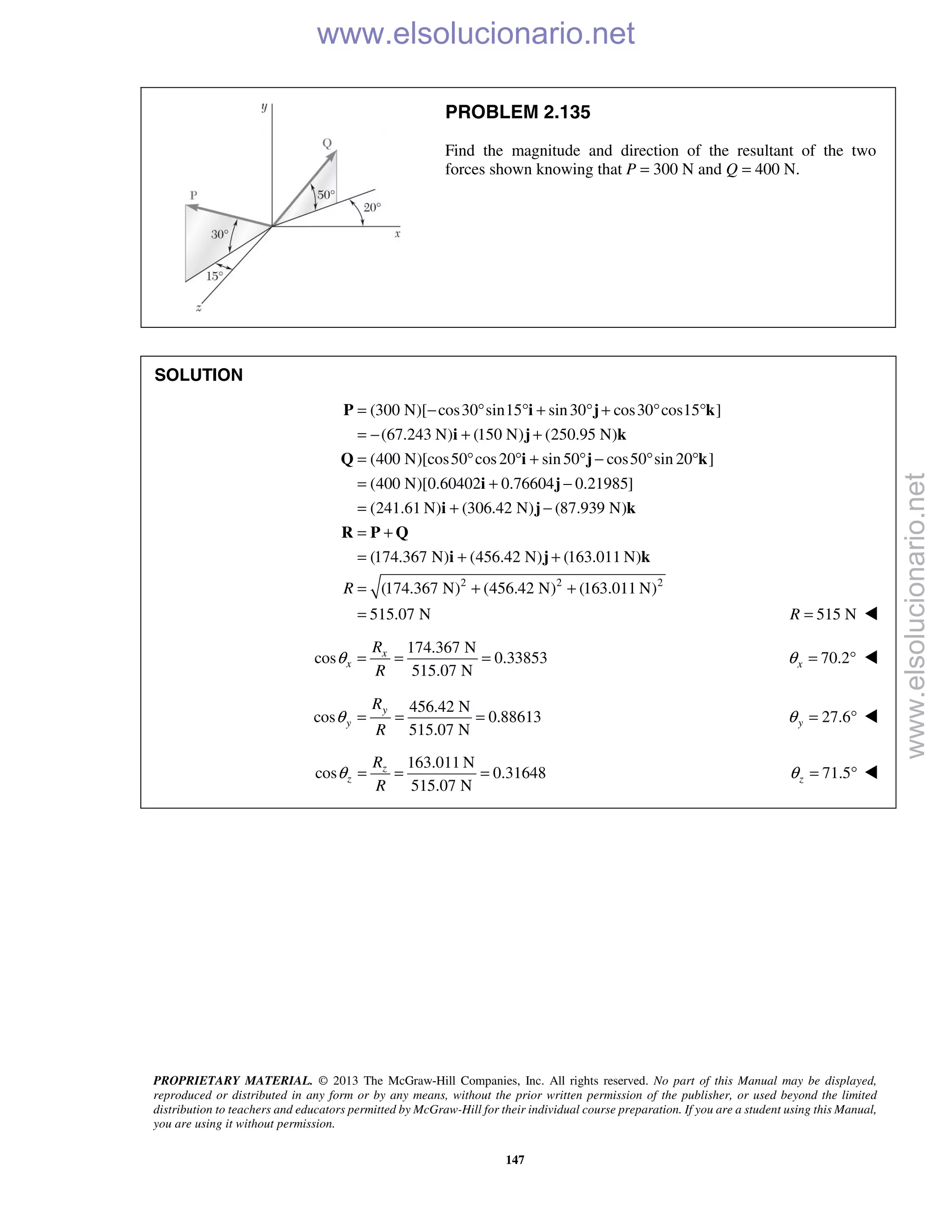 PROPRIETARY MATERIAL. © 2013 The McGraw-Hill Companies, Inc. All rights reserved. No part of this Manual may be displayed,
reproduced or distributed in any form or by any means, without the prior written permission of the publisher, or used beyond the limited
distribution to teachers and educators permitted by McGraw-Hill for their individual course preparation. If you are a student using this Manual,
you are using it without permission.
147
PROBLEM 2.135
Find the magnitude and direction of the resultant of the two
forces shown knowing that P = 300 N and Q = 400 N.
SOLUTION
(300 N)[ cos30 sin15 sin30 cos30 cos15 ]
(67.243 N) (150 N) (250.95 N)
(400 N)[cos50 cos20 sin50 cos50 sin 20 ]
(400 N)[0.60402 0.76604 0.21985]
(241.61 N) (306.42 N) (87.939 N)
(174.
= − ° ° + ° + ° °
= − + +
= ° ° + ° − ° °
= + −
= + −
= +
=
P i j k
i j k
Q i j k
i j
i j k
R P Q
2 2 2
367 N) (456.42 N) (163.011 N)
(174.367 N) (456.42 N) (163.011 N)
515.07 N
R
+ +
= + +
=
i j k
515 NR = 
174.367 N
cos 0.33853
515.07 N
x
x
R
R
θ = = = 70.2xθ = ° 
456.42 N
cos 0.88613
515.07 N
y
y
R
R
θ = = = 27.6yθ = ° 
163.011 N
cos 0.31648
515.07 N
z
z
R
R
θ = = = 71.5zθ = ° 
www.elsolucionario.net
www.elsolucionario.net
 