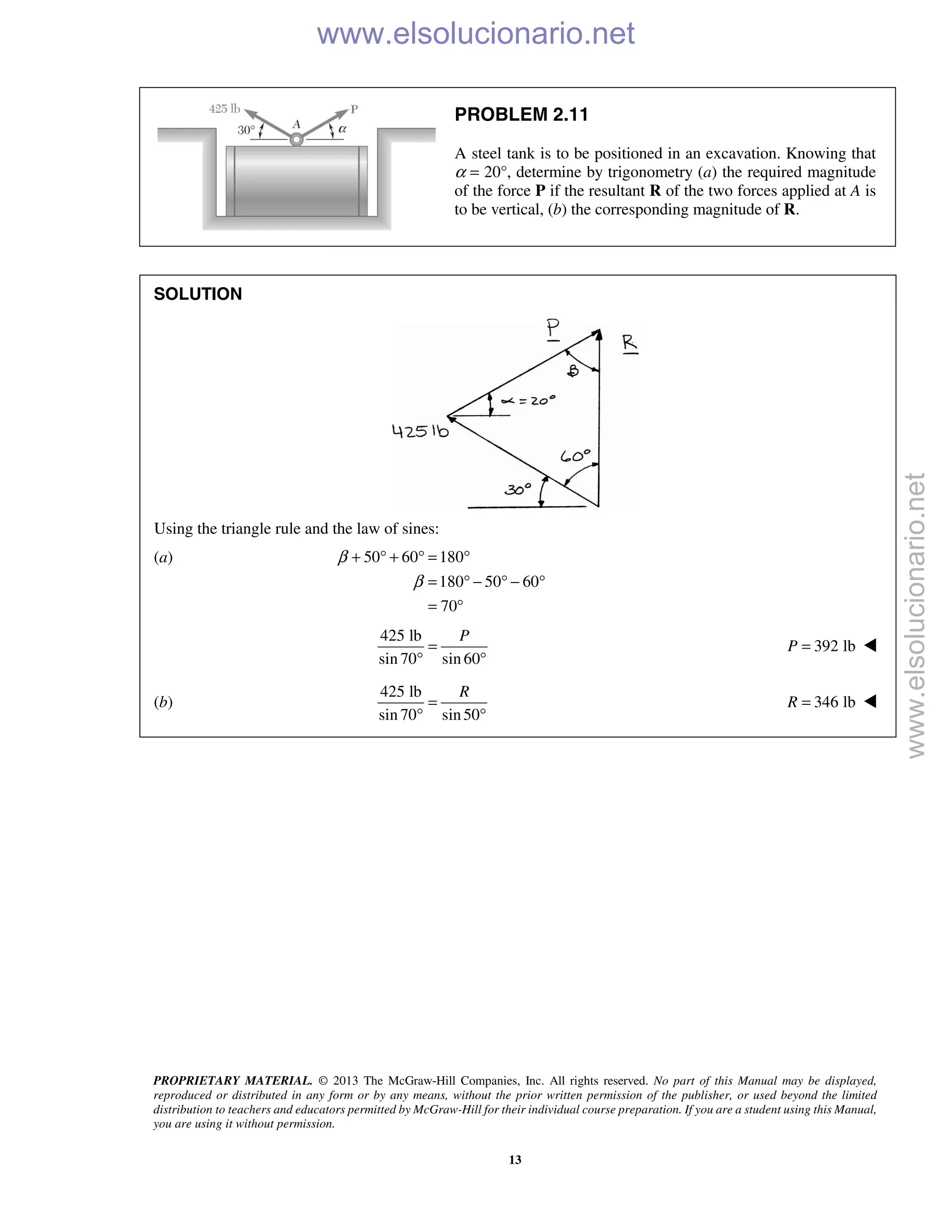 PROPRIETARY MATERIAL. © 2013 The McGraw-Hill Companies, Inc. All rights reserved. No part of this Manual may be displayed,
reproduced or distributed in any form or by any means, without the prior written permission of the publisher, or used beyond the limited
distribution to teachers and educators permitted by McGraw-Hill for their individual course preparation. If you are a student using this Manual,
you are using it without permission.
13
PROBLEM 2.11
A steel tank is to be positioned in an excavation. Knowing that
α = 20°, determine by trigonometry (a) the required magnitude
of the force P if the resultant R of the two forces applied at A is
to be vertical, (b) the corresponding magnitude of R.
SOLUTION
Using the triangle rule and the law of sines:
(a) 50 60 180
180 50 60
70
β
β
+ ° + ° = °
= ° − ° − °
= °
425 lb
sin 70 sin 60
P
=
° °
392 lbP = 
(b)
425 lb
sin 70 sin50
R
=
° °
346 lbR = 
www.elsolucionario.net
www.elsolucionario.net
 