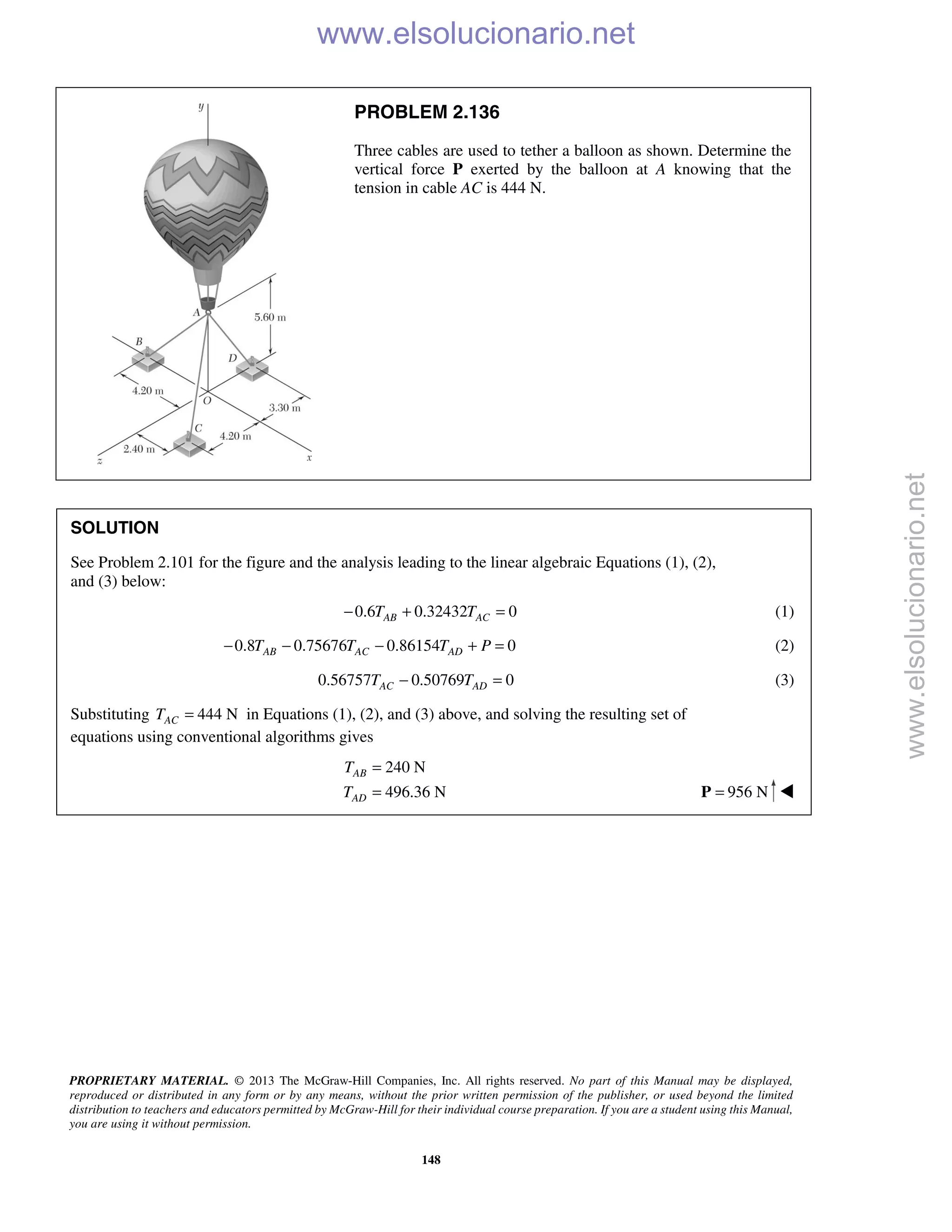 PROPRIETARY MATERIAL. © 2013 The McGraw-Hill Companies, Inc. All rights reserved. No part of this Manual may be displayed,
reproduced or distributed in any form or by any means, without the prior written permission of the publisher, or used beyond the limited
distribution to teachers and educators permitted by McGraw-Hill for their individual course preparation. If you are a student using this Manual,
you are using it without permission.
148
PROBLEM 2.136
Three cables are used to tether a balloon as shown. Determine the
vertical force P exerted by the balloon at A knowing that the
tension in cable AC is 444 N.
SOLUTION
See Problem 2.101 for the figure and the analysis leading to the linear algebraic Equations (1), (2),
and (3) below:
0.6 0.32432 0AB ACT T− + = (1)
0.8 0.75676 0.86154 0AB AC ADT T T P− − − + = (2)
0.56757 0.50769 0AC ADT T− = (3)
Substituting 444 NACT = in Equations (1), (2), and (3) above, and solving the resulting set of
equations using conventional algorithms gives
240 N
496.36 N
AB
AD
T
T
=
= 956 N=P 
www.elsolucionario.net
www.elsolucionario.net
 