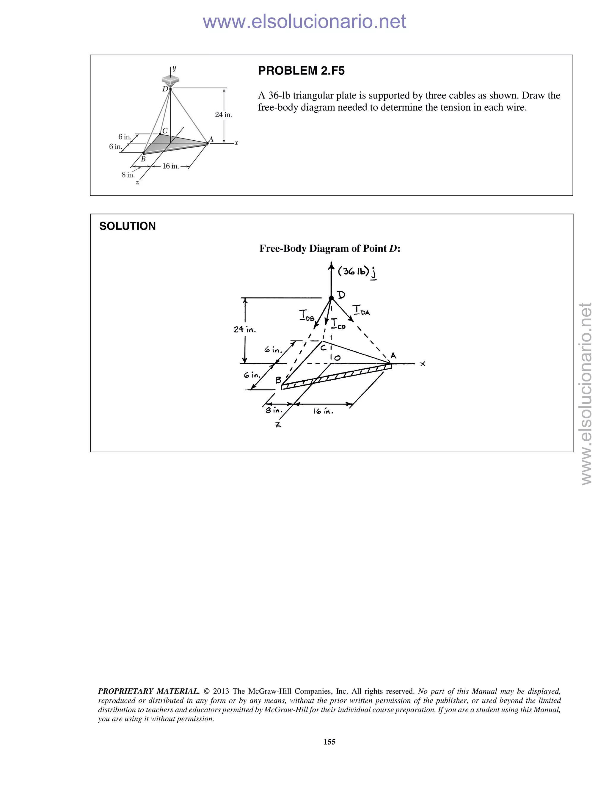 PROPRIETARY MATERIAL. © 2013 The McGraw-Hill Companies, Inc. All rights reserved. No part of this Manual may be displayed,
reproduced or distributed in any form or by any means, without the prior written permission of the publisher, or used beyond the limited
distribution to teachers and educators permitted by McGraw-Hill for their individual course preparation. If you are a student using this Manual,
you are using it without permission.
155
PROBLEM 2.F5
A 36-lb triangular plate is supported by three cables as shown. Draw the
free-body diagram needed to determine the tension in each wire.
SOLUTION
Free-Body Diagram of Point D:

www.elsolucionario.net
www.elsolucionario.net
 