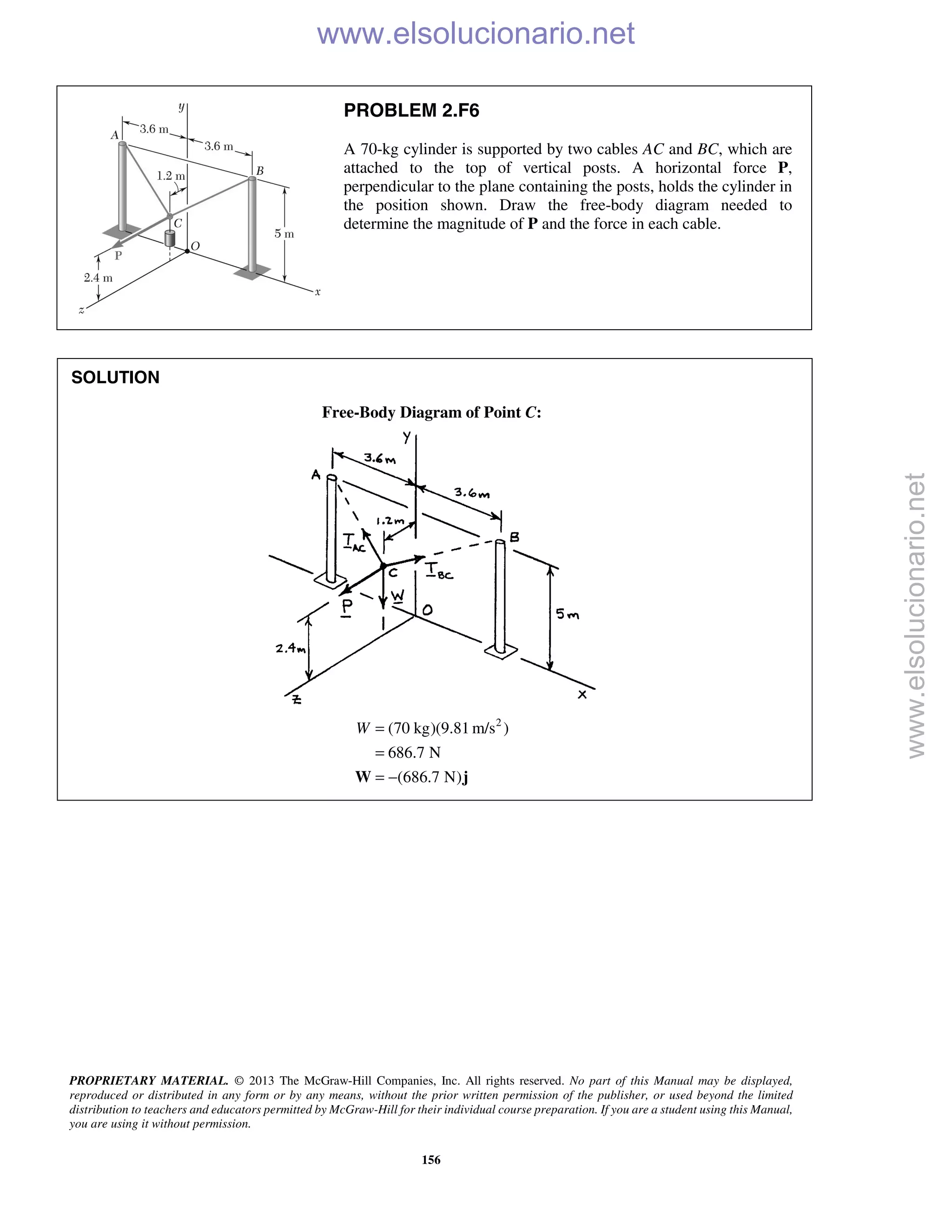 PROPRIETARY MATERIAL. © 2013 The McGraw-Hill Companies, Inc. All rights reserved. No part of this Manual may be displayed,
reproduced or distributed in any form or by any means, without the prior written permission of the publisher, or used beyond the limited
distribution to teachers and educators permitted by McGraw-Hill for their individual course preparation. If you are a student using this Manual,
you are using it without permission.
156
PROBLEM 2.F6
A 70-kg cylinder is supported by two cables AC and BC, which are
attached to the top of vertical posts. A horizontal force P,
perpendicular to the plane containing the posts, holds the cylinder in
the position shown. Draw the free-body diagram needed to
determine the magnitude of P and the force in each cable.
SOLUTION
Free-Body Diagram of Point C:
2
(70 kg)(9.81 m/s )
686.7 N
(686.7 N)
W =
=
= −W j

www.elsolucionario.net
www.elsolucionario.net
 