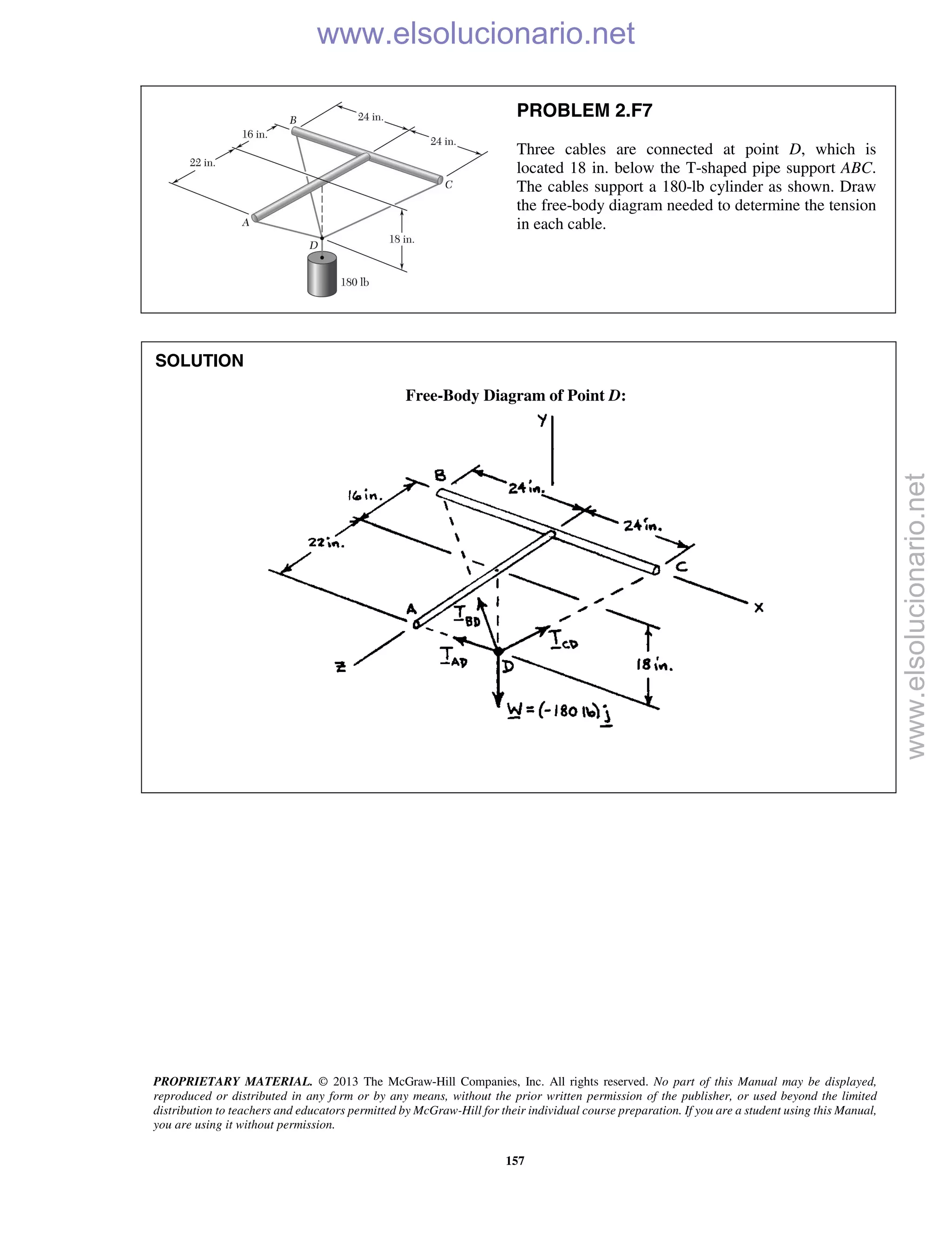 PROPRIETARY MATERIAL. © 2013 The McGraw-Hill Companies, Inc. All rights reserved. No part of this Manual may be displayed,
reproduced or distributed in any form or by any means, without the prior written permission of the publisher, or used beyond the limited
distribution to teachers and educators permitted by McGraw-Hill for their individual course preparation. If you are a student using this Manual,
you are using it without permission.
157
PROBLEM 2.F7
Three cables are connected at point D, which is
located 18 in. below the T-shaped pipe support ABC.
The cables support a 180-lb cylinder as shown. Draw
the free-body diagram needed to determine the tension
in each cable.
SOLUTION
Free-Body Diagram of Point D:


www.elsolucionario.net
www.elsolucionario.net
 