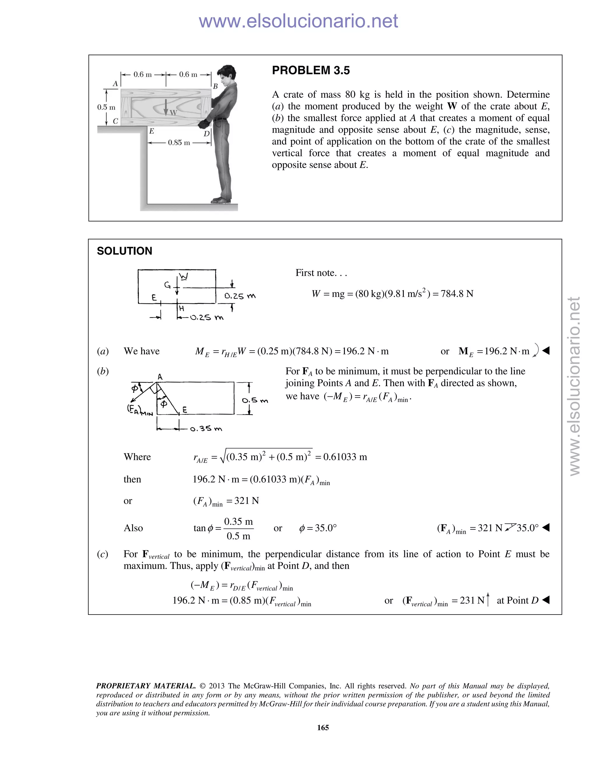 PROPRIETARY MATERIAL. © 2013 The McGraw-Hill Companies, Inc. All rights reserved. No part of this Manual may be displayed,
reproduced or distributed in any form or by any means, without the prior written permission of the publisher, or used beyond the limited
distribution to teachers and educators permitted by McGraw-Hill for their individual course preparation. If you are a student using this Manual,
you are using it without permission.
165
PROBLEM 3.5
A crate of mass 80 kg is held in the position shown. Determine
(a) the moment produced by the weight W of the crate about E,
(b) the smallest force applied at A that creates a moment of equal
magnitude and opposite sense about E, (c) the magnitude, sense,
and point of application on the bottom of the crate of the smallest
vertical force that creates a moment of equal magnitude and
opposite sense about E.
SOLUTION
First note. . .
2
mg (80 kg)(9.81 m/s ) 784.8 NW = = =
(a) We have / (0.25 m)(784.8 N) 196.2 N mE H EM r W= = = ⋅ or 196.2 N mE = ⋅M 
(b) For FA to be minimum, it must be perpendicular to the line
joining Points A and E. Then with FA directed as shown,
we have / min( ) ( ) .E A E AM r F− =
Where 2 2
/ (0.35 m) (0.5 m) 0.61033 mA Er = + =
then min196.2 N m (0.61033 m)( )AF⋅ =
or min( ) 321 NAF =
Also
0.35 m
tan
0.5 m
φ = or 35.0φ = ° min( ) 321 NA =F 35.0° 
(c) For Fvertical to be minimum, the perpendicular distance from its line of action to Point E must be
maximum. Thus, apply (Fvertical)min at Point D, and then
/ min
min
( ) ( )
196.2 N m (0.85 m)( )
E D E vertical
vertical
M r F
F
− =
⋅ = or min( ) 231 Nvertical =F at Point D 
www.elsolucionario.net
www.elsolucionario.net
 