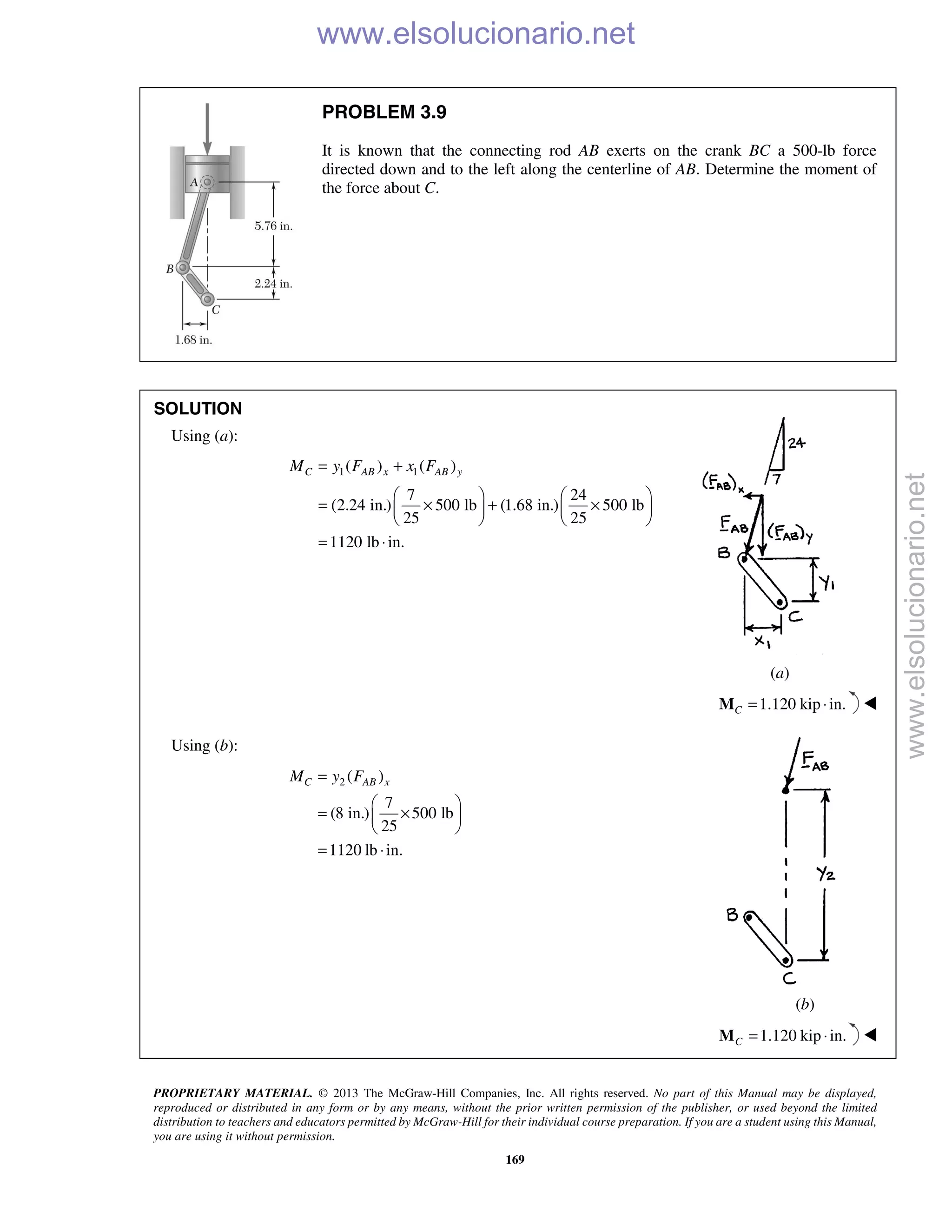 PROPRIETARY MATERIAL. © 2013 The McGraw-Hill Companies, Inc. All rights reserved. No part of this Manual may be displayed,
reproduced or distributed in any form or by any means, without the prior written permission of the publisher, or used beyond the limited
distribution to teachers and educators permitted by McGraw-Hill for their individual course preparation. If you are a student using this Manual,
you are using it without permission.
169
PROBLEM 3.9
It is known that the connecting rod AB exerts on the crank BC a 500-lb force
directed down and to the left along the centerline of AB. Determine the moment of
the force about C.
SOLUTION
Using (a):
1 1( ) ( )
7 24
(2.24 in.) 500 lb (1.68 in.) 500 lb
25 25
1120 lb in.
C AB x AB yM y F x F= +
   
= × + ×   
   
= ⋅
(a)
1.120 kip in.C = ⋅M 
Using (b):
2 ( )
7
(8 in.) 500 lb
25
1120 lb in.
C AB xM y F=
 
= × 
 
= ⋅
(b)
1.120 kip in.C = ⋅M 
www.elsolucionario.net
www.elsolucionario.net
 