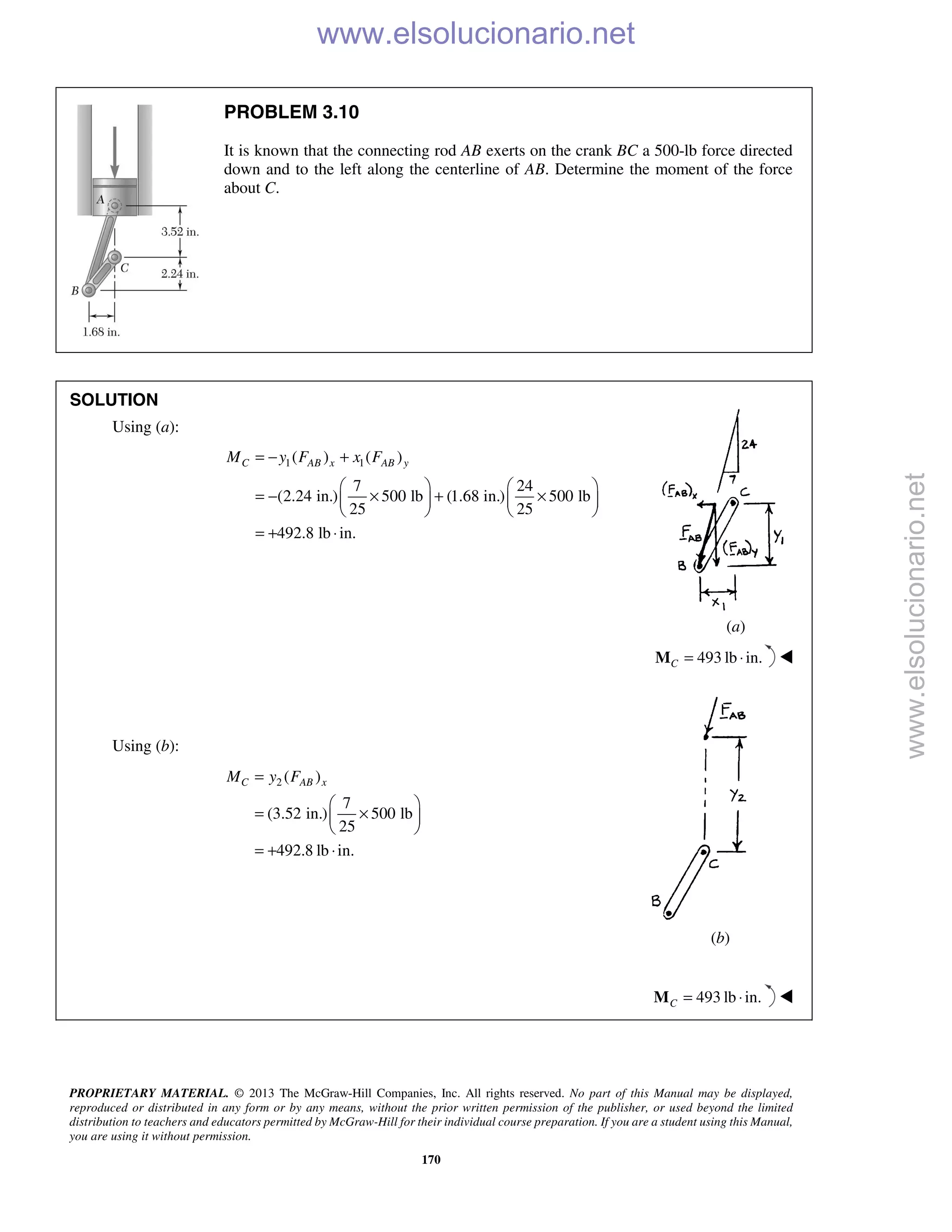 PROPRIETARY MATERIAL. © 2013 The McGraw-Hill Companies, Inc. All rights reserved. No part of this Manual may be displayed,
reproduced or distributed in any form or by any means, without the prior written permission of the publisher, or used beyond the limited
distribution to teachers and educators permitted by McGraw-Hill for their individual course preparation. If you are a student using this Manual,
you are using it without permission.
170
PROBLEM 3.10
It is known that the connecting rod AB exerts on the crank BC a 500-lb force directed
down and to the left along the centerline of AB. Determine the moment of the force
about C.
SOLUTION
Using (a):
1 1( ) ( )
7 24
(2.24 in.) 500 lb (1.68 in.) 500 lb
25 25
492.8 lb in.
C AB x AB yM y F x F= − +
   
= − × + ×   
   
= + ⋅
(a)
493 lb in.C = ⋅M 
Using (b):
2 ( )
7
(3.52 in.) 500 lb
25
492.8 lb in.
C AB xM y F=
 
= × 
 
= + ⋅
(b)
493 lb in.C = ⋅M 
www.elsolucionario.net
www.elsolucionario.net
 