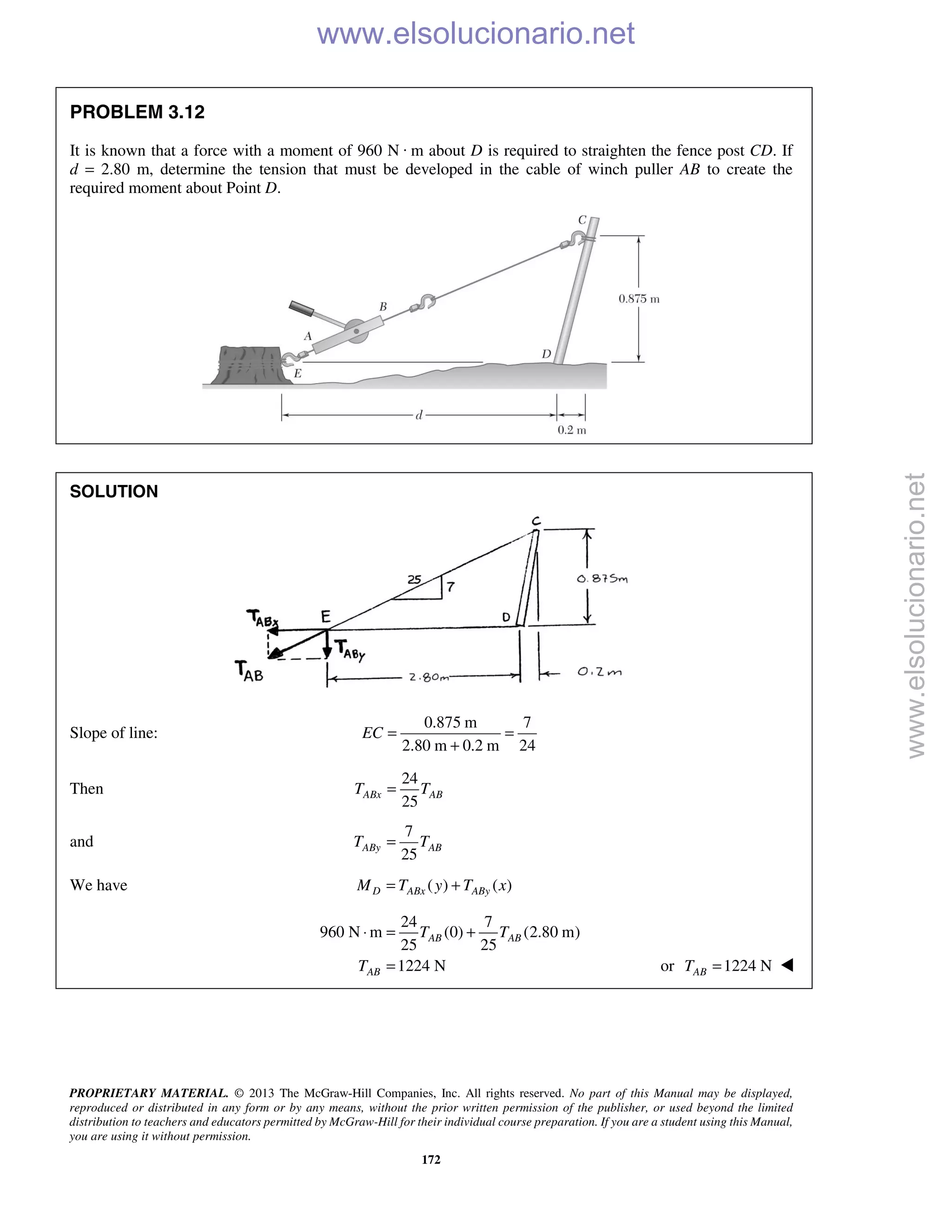 PROPRIETARY MATERIAL. © 2013 The McGraw-Hill Companies, Inc. All rights reserved. No part of this Manual may be displayed,
reproduced or distributed in any form or by any means, without the prior written permission of the publisher, or used beyond the limited
distribution to teachers and educators permitted by McGraw-Hill for their individual course preparation. If you are a student using this Manual,
you are using it without permission.
172
PROBLEM 3.12
It is known that a force with a moment of 960 N · m about D is required to straighten the fence post CD. If
d = 2.80 m, determine the tension that must be developed in the cable of winch puller AB to create the
required moment about Point D.
SOLUTION
Slope of line:
0.875 m 7
2.80 m 0.2 m 24
EC = =
+
Then
24
25
ABx ABT T=
and
7
25
ABy ABT T=
We have ( ) ( )D ABx AByM T y T x= +
24 7
960 N m (0) (2.80 m)
25 25
1224 N
AB AB
AB
T T
T
⋅ = +
= or 1224 NABT = 
www.elsolucionario.net
www.elsolucionario.net
 