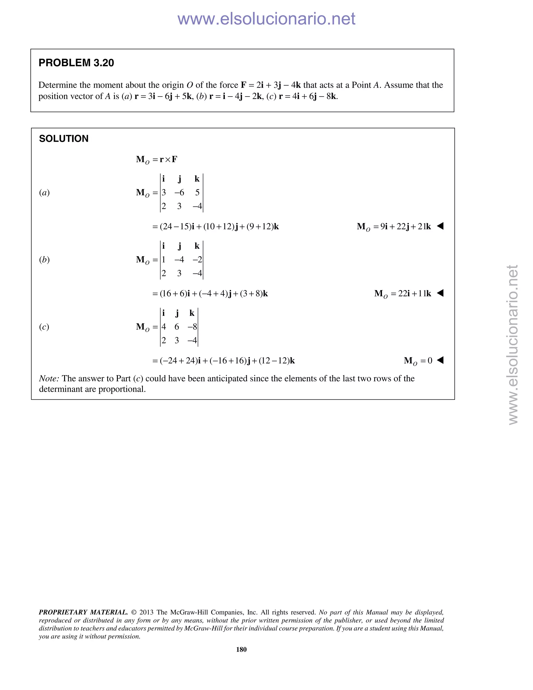 PROPRIETARY MATERIAL. © 2013 The McGraw-Hill Companies, Inc. All rights reserved. No part of this Manual may be displayed,
reproduced or distributed in any form or by any means, without the prior written permission of the publisher, or used beyond the limited
distribution to teachers and educators permitted by McGraw-Hill for their individual course preparation. If you are a student using this Manual,
you are using it without permission.
180
PROBLEM 3.20
Determine the moment about the origin O of the force F = 2i + 3j − 4k that acts at a Point A. Assume that the
position vector of A is (a) r = 3i − 6j + 5k, (b) r = i − 4j − 2k, (c) r = 4i + 6j − 8k.
SOLUTION
O = ×M r F
(a) 3 6 5
2 3 4
O = −
−
i j k
M
(24 15) (10 12) (9 12)= − + + + +i j k 9 22 21O = + +M i j k 
(b) 1 4 2
2 3 4
O = − −
−
i j k
M
(16 6) ( 4 4) (3 8)= + + − + + +i j k 22 11O = +M i k 
(c) 4 6 8
2 3 4
O = −
−
i j k
M
( 24 24) ( 16 16) (12 12)= − + + − + + −i j k 0O =M 
Note: The answer to Part (c) could have been anticipated since the elements of the last two rows of the
determinant are proportional.
www.elsolucionario.net
www.elsolucionario.net
 